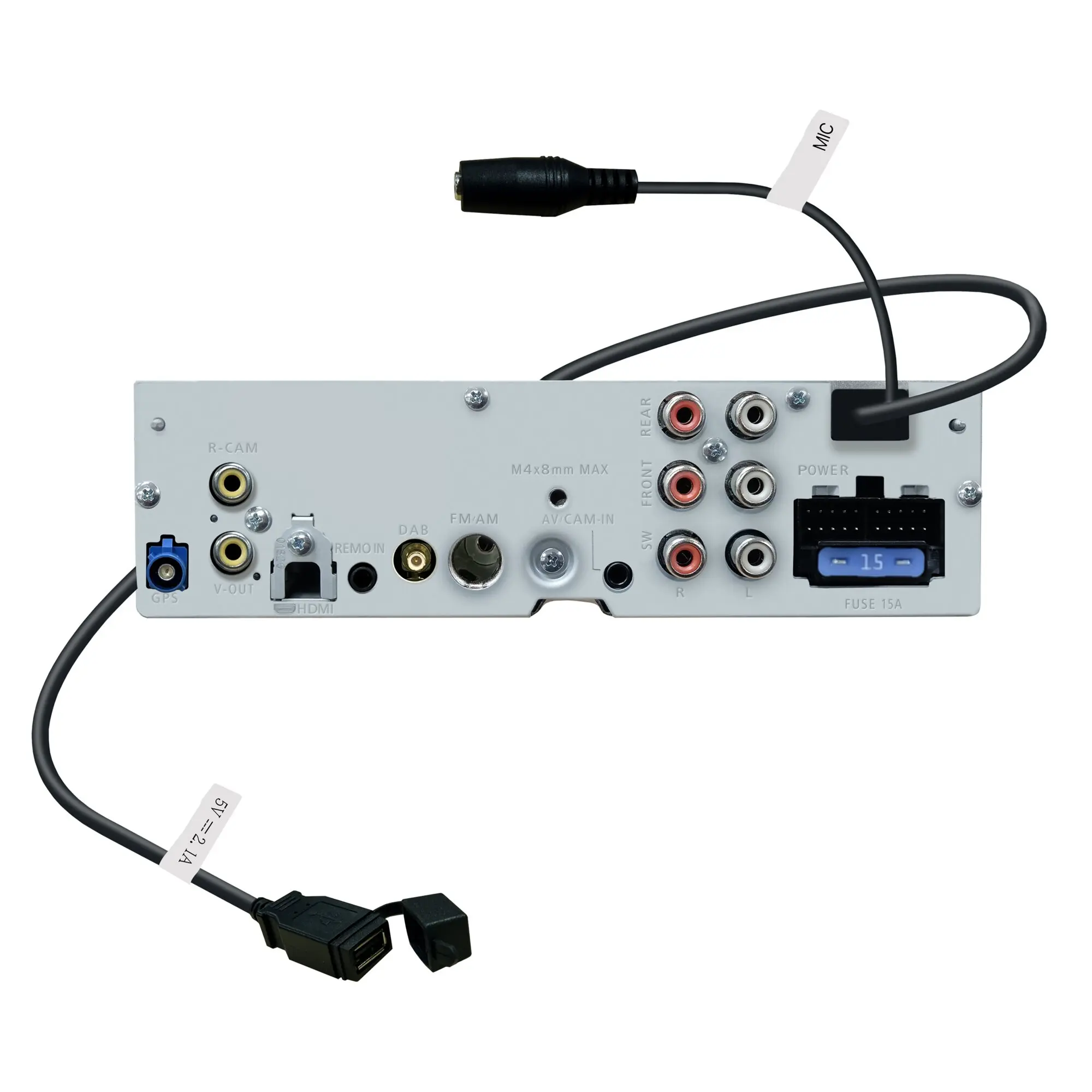 Rückseite eines Moniceivers mit mehreren Anschlüssen: RCA-Buchsen, HDMI, AV/CAM-IN, GPS, DAB/FM/AM und Mikrofonkabel