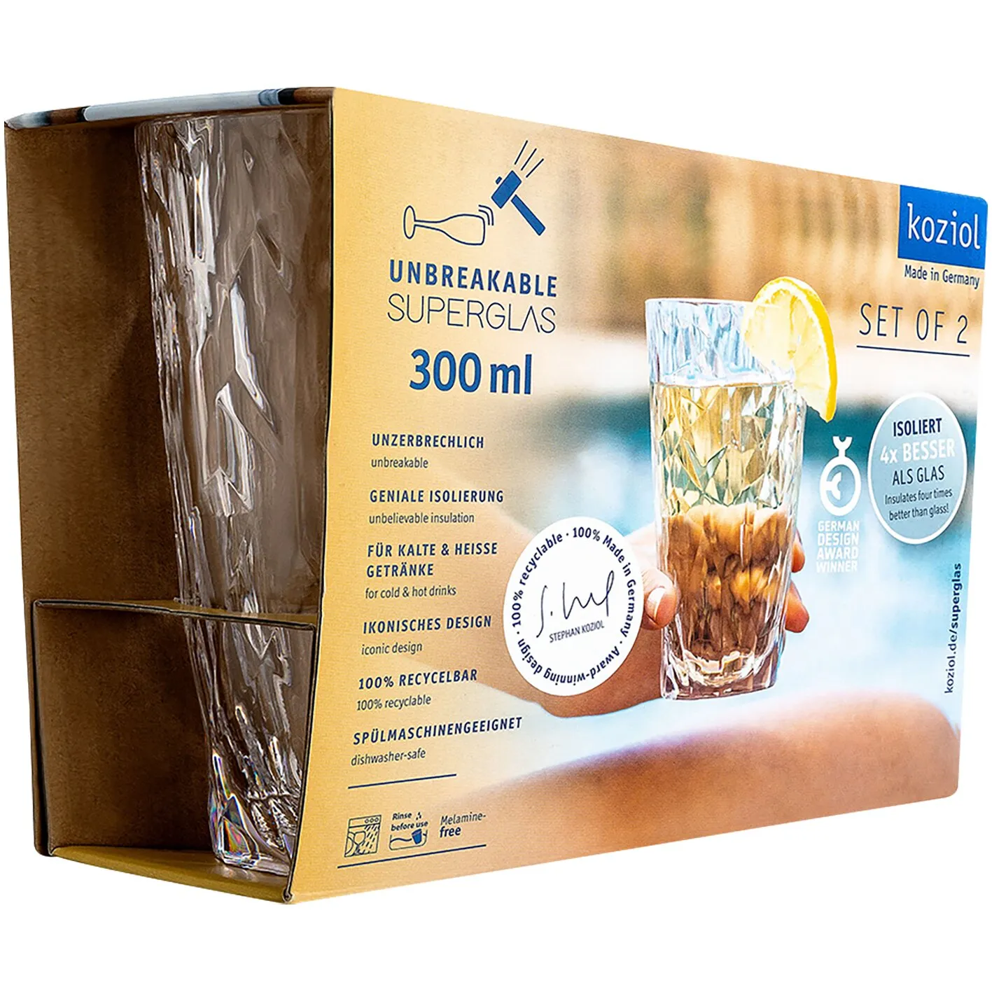 Offene Verpackung des Koziol Superglas CLUB, Set aus zwei facettierten, transparenten Trinkgläsern mit 300 ml Fassungsvermögen