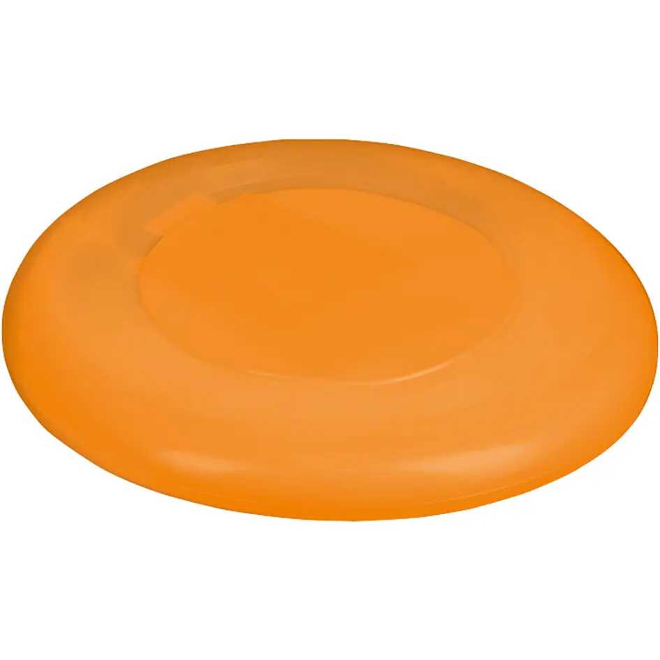 Orangene Frisbeescheibe aus Kunststoff, flache runde Scheibe mit glatter Oberfläche vor weißem Hintergrund