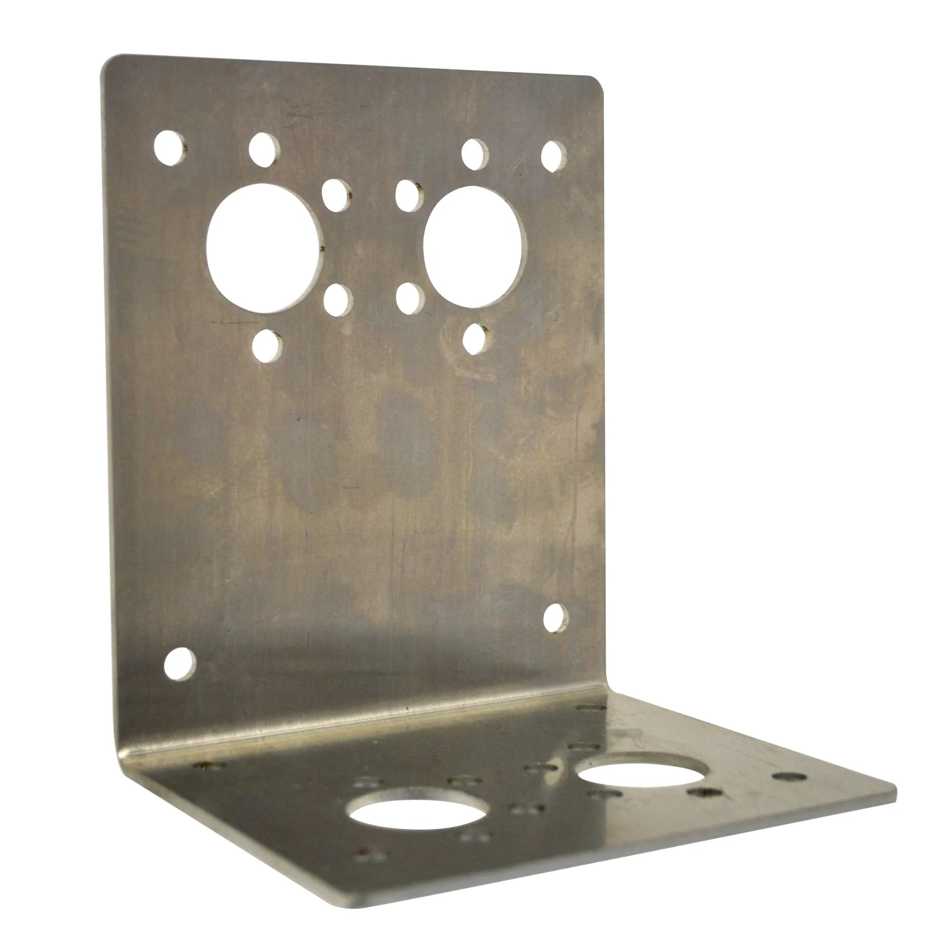 Metallener L-förmiger Halter für Außenmontage mit zwei Lochplatten, mehreren Befestigungsbohrungen und großen runden Öffnungen