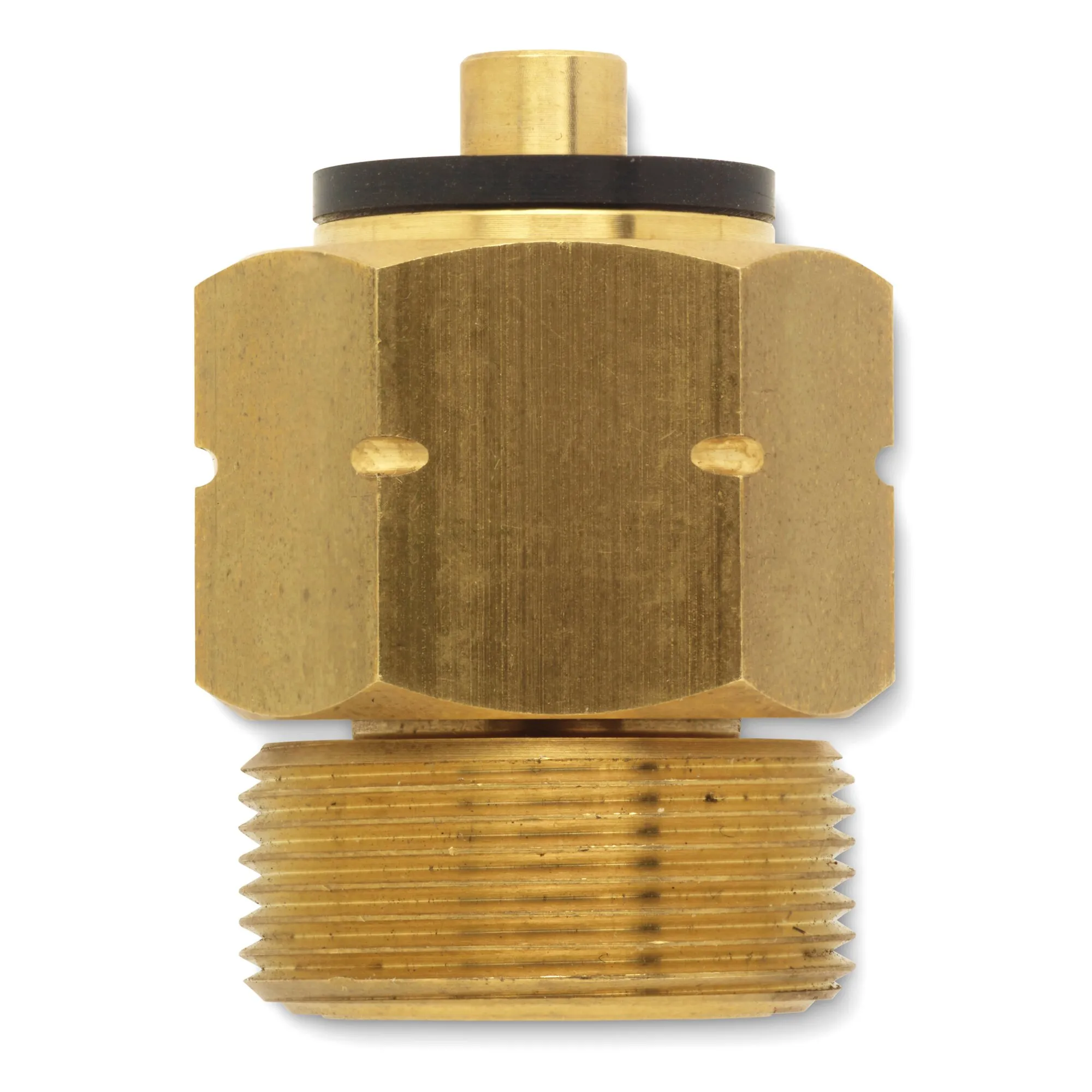 Messingfarbener Adapter für Gasgrills mit Sechskantkörper, Dichtungsring und sichtbarem Außengewinde für 5-, 11- und 33-kg-Gasflaschen