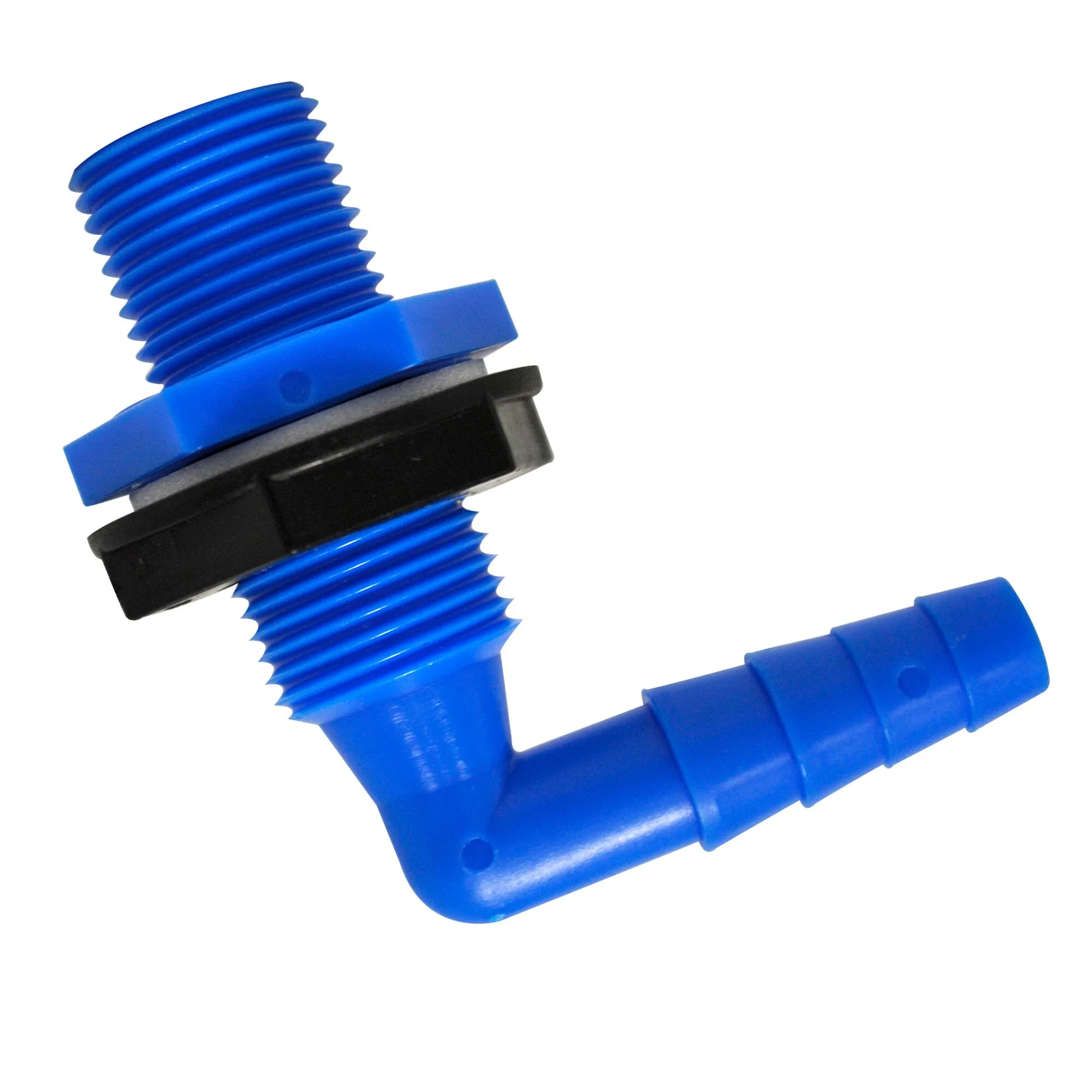 Blauer Winkel-Tankanschluss 10/12 mm mit großem Gewinde, schwarzer Kontermutter und geripptem Schlauchanschluss