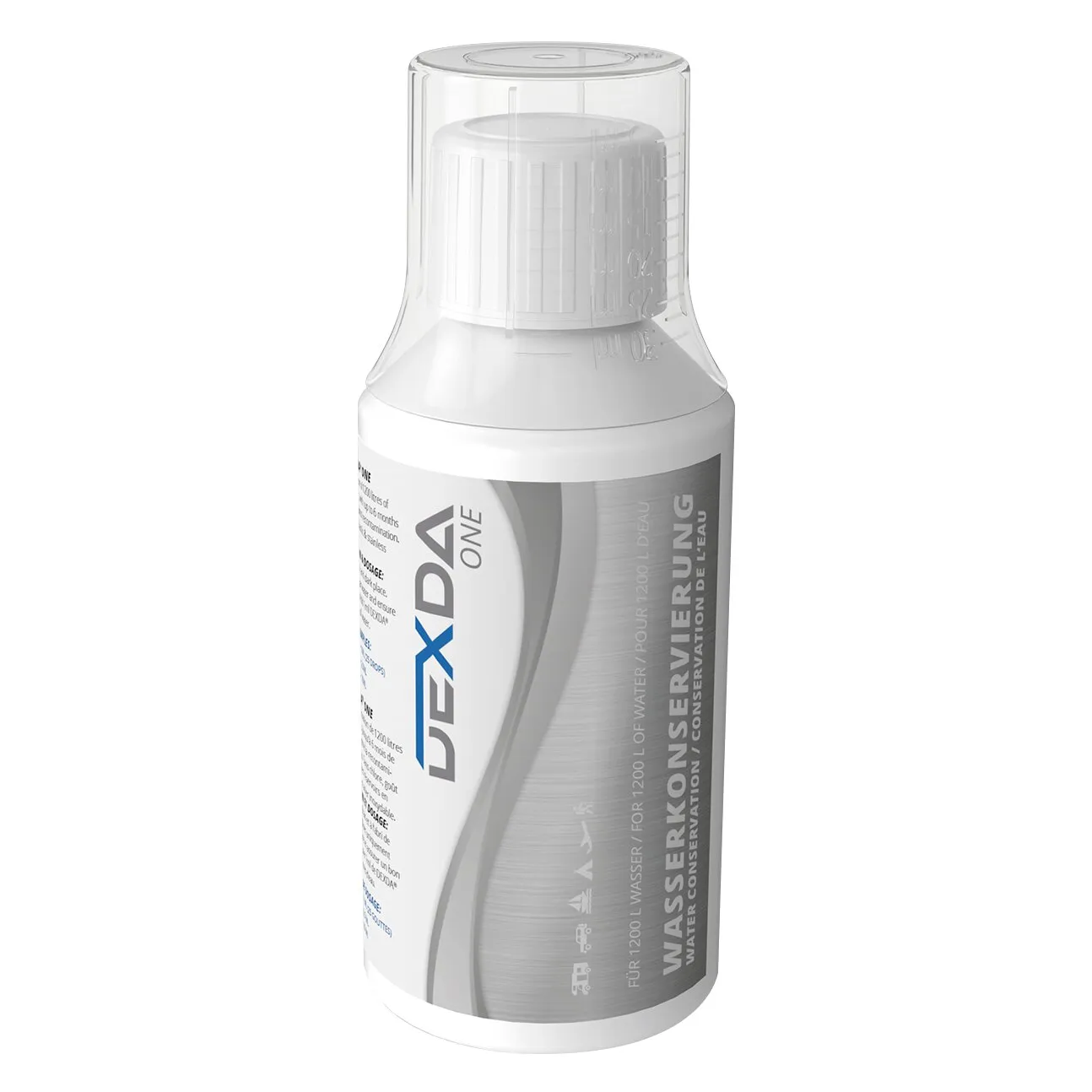 Weiße Kunststoffflasche Dexda® One zur Wasser- und Tankkonservierung mit transparentem Dosierdeckel; Etikett mit Dosierskala