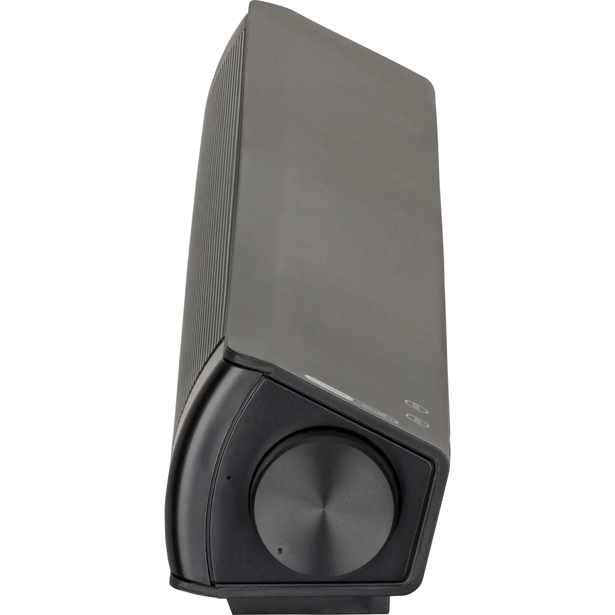 Schwarze Reflexion SB100 Soundbar mit sichtbarem Lautsprecher, seitlichen Lüftungsschlitzen und Bedienfeldansicht