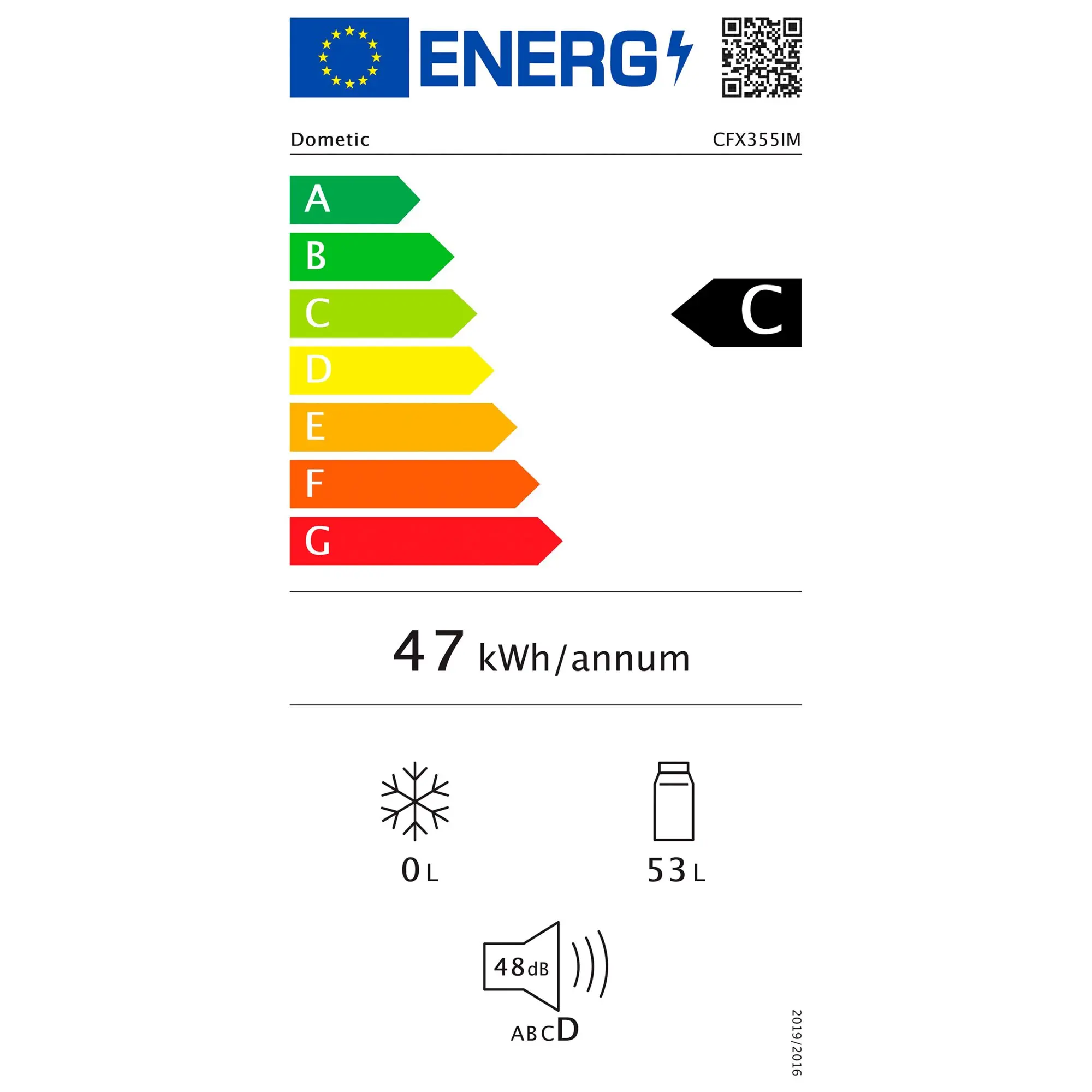 EU-Energielabel für Dometic CFX355IM Kühlbox, Energieeffizienz A bis G, Verbrauch 47 kWh/annum, Volumen 53 L, Geräuschpegel 48 dB