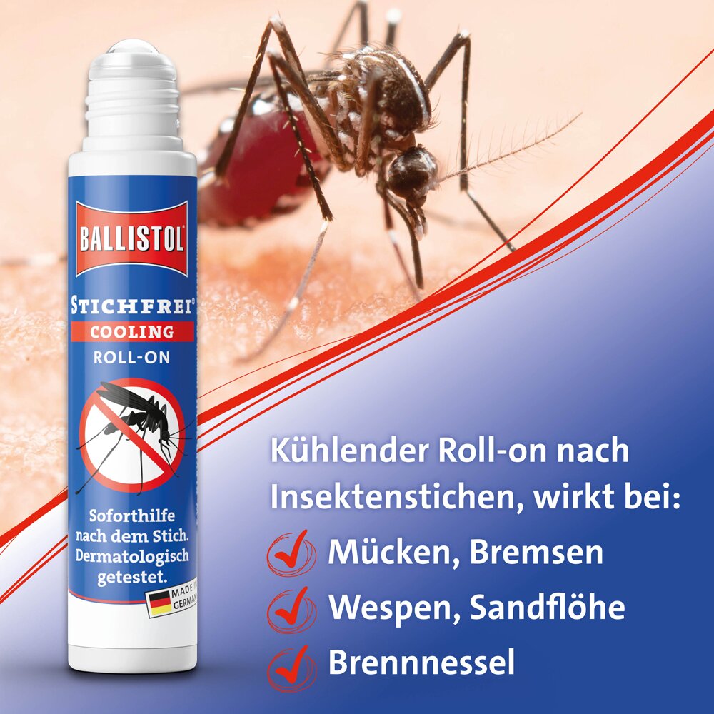 Blauer Ballistol Stichfrei Cooling Roll-On Flakon links, davor eine Nahaufnahme einer Mücke, rechts blauer Verlauf mit Text