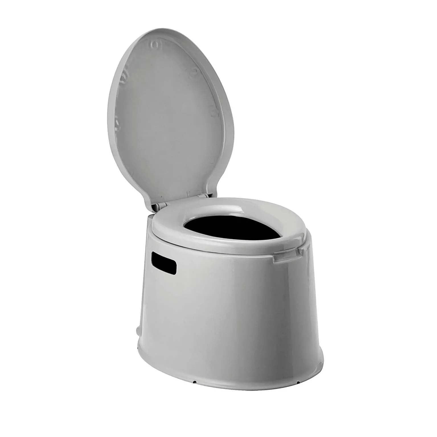 Graue Eimertoilette Optitoil mit 30 cm Höhe, ovaler Sitzöffnung, hochgeklapptem Deckel und seitlicher Grifföffnung