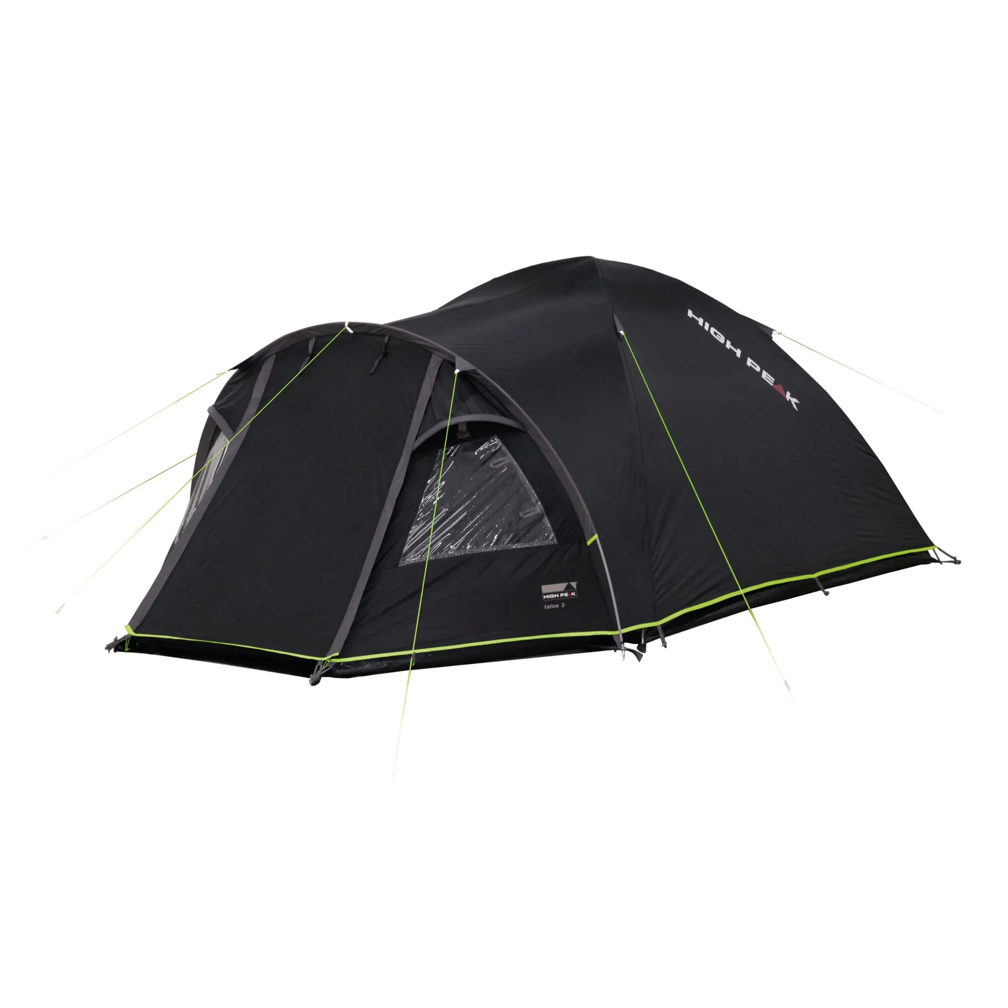 Schwarzes Trekkingzelt High Peak Talos 3 in aufgestellter Seitenansicht mit Vorraum, grünen Abspannleinen und neongrünem Rand