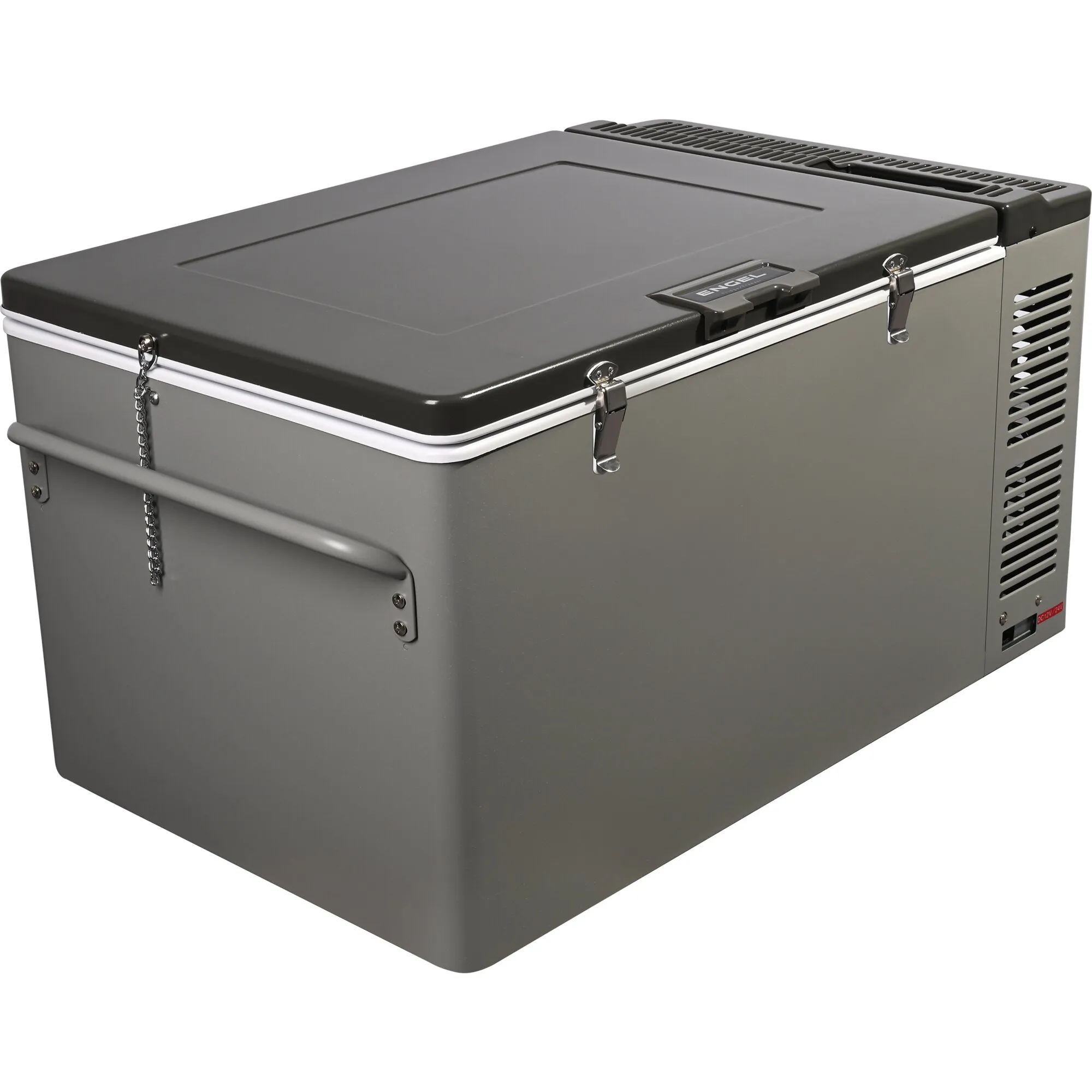 Graue Kühlbox MD-60-F mit schwarzem Deckel, vier Spannverschlüssen, Tragegriffen und seitlichen Lüftungsschlitzen für 12/24 Volt, 60 Liter