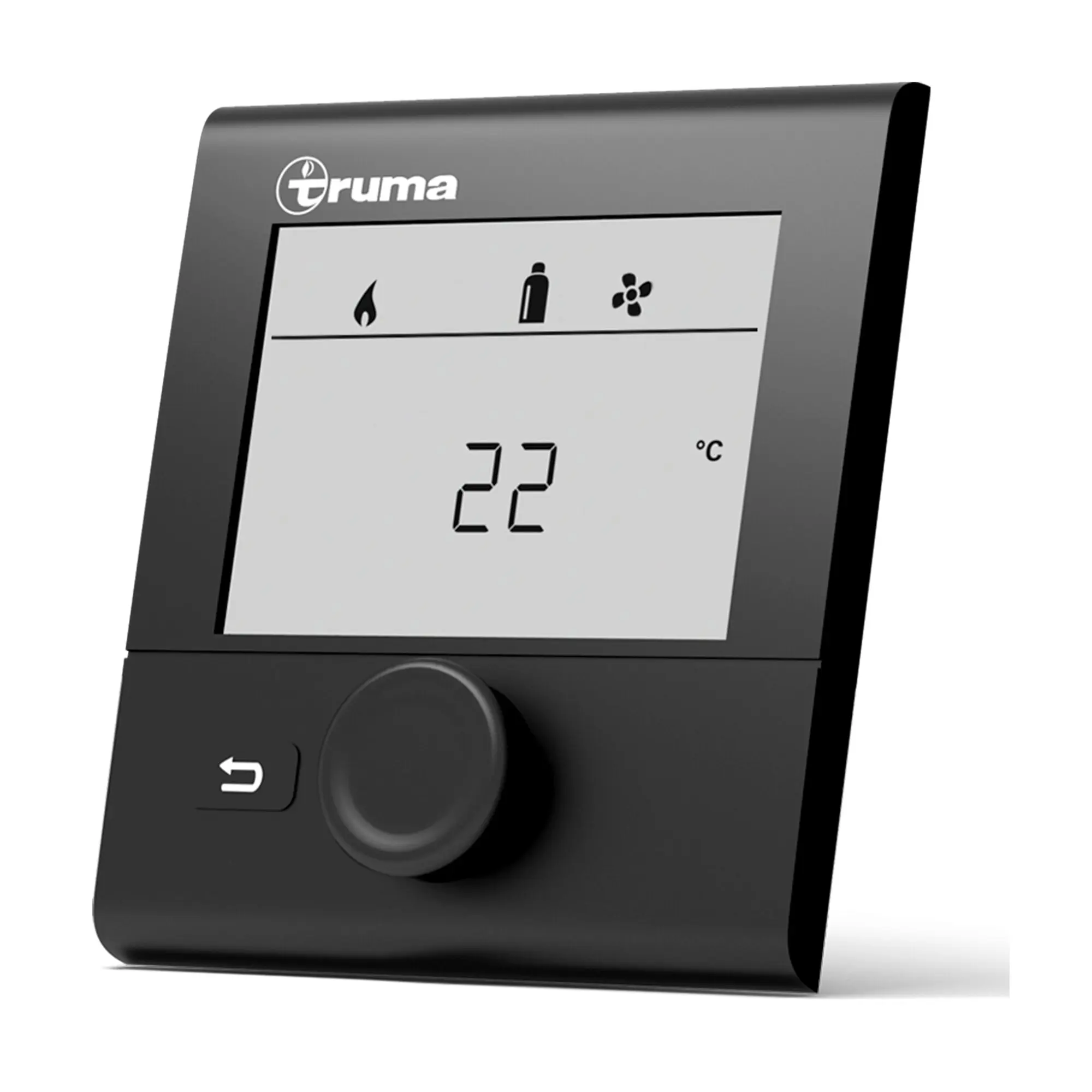 Detailansicht eines Truma Flüssiggas-Heizgeräts mit VarioHeat Comfort Display, Truma-Logo und Flamme, Gasflasche, Ventilator sowie 22 °C