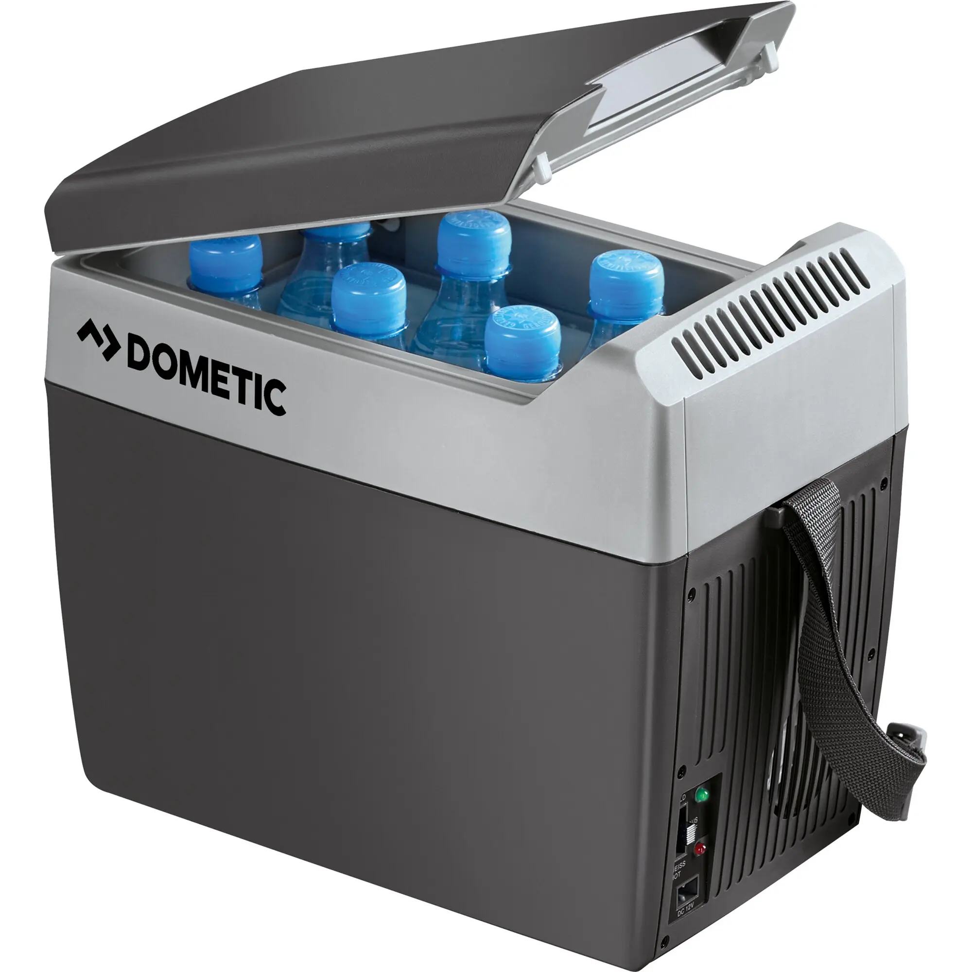 Offene graue Kühlbox mit dunklem Deckel, blaue Wasserflaschen im Innenraum, seitliche Trageschlaufe, Lüftungsschlitze, Dometic-Logo