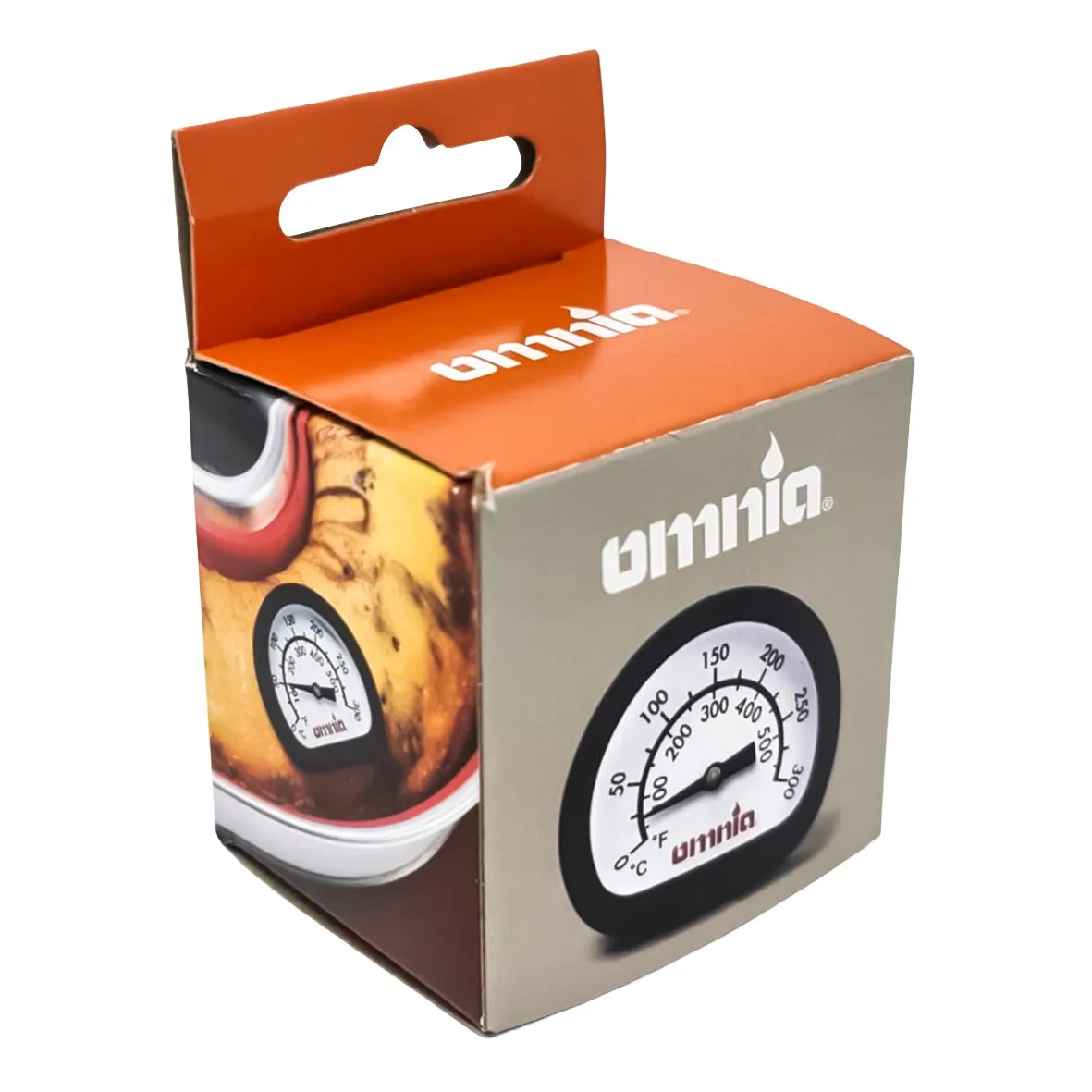 Verpacktes analoges Grillthermometer von Omnia mit schwarzem Gehäuse, Celsius- und Fahrenheit-Skala bis 300 Grad Celsius