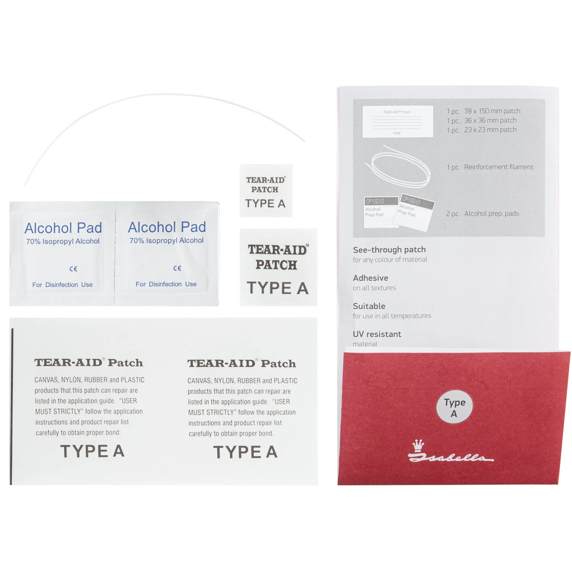 Reparaturset Acryl Typ A mit transparenten Tear-Aid-Patches, Verstärkungsfaden, zwei Alkoholtupfern und roter Verpackung
