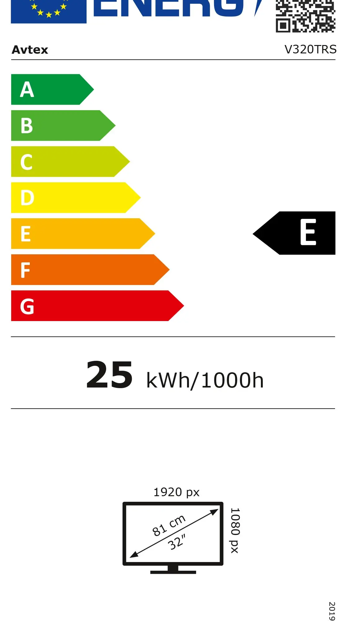 Energieeffizienz-Label eines 32 Zoll Oyster TFT-LED Fernsehers mit Balken A bis G, E markiert, Verbrauch 25 kWh/1000h, Modell V320TRS