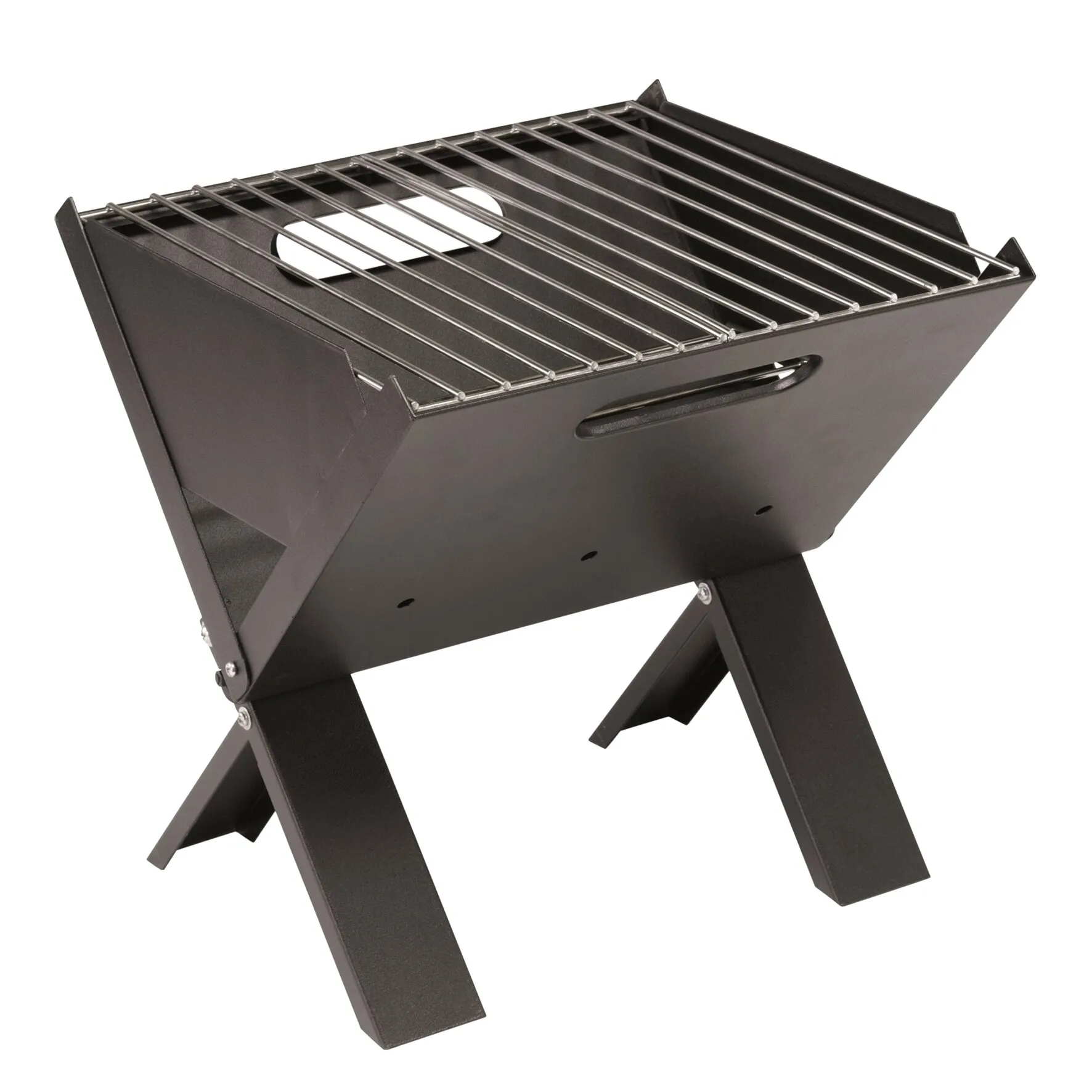 Schwarzer Holzkohlegrill Cazal mit 30 cm Grillfläche, verchromtem Rost, seitlichen Grifföffnungen und klappbaren Beinen