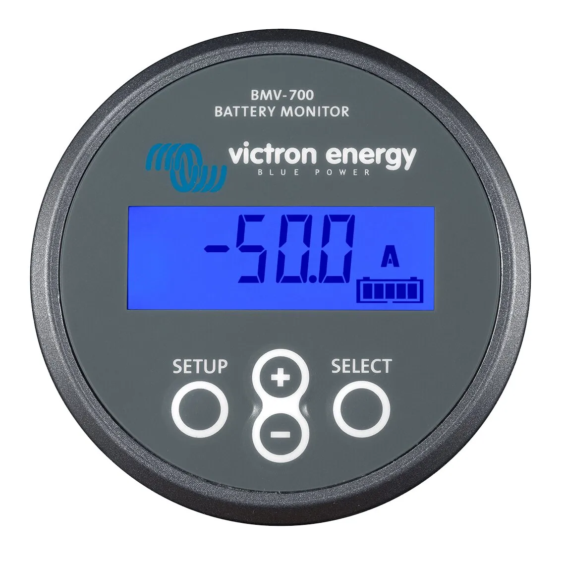 Runder schwarzer Batterie-Überwachungscomputer Victron Energy BMV-700 mit blauem Display, Anzeige -50,0 A und Batteriesymbol