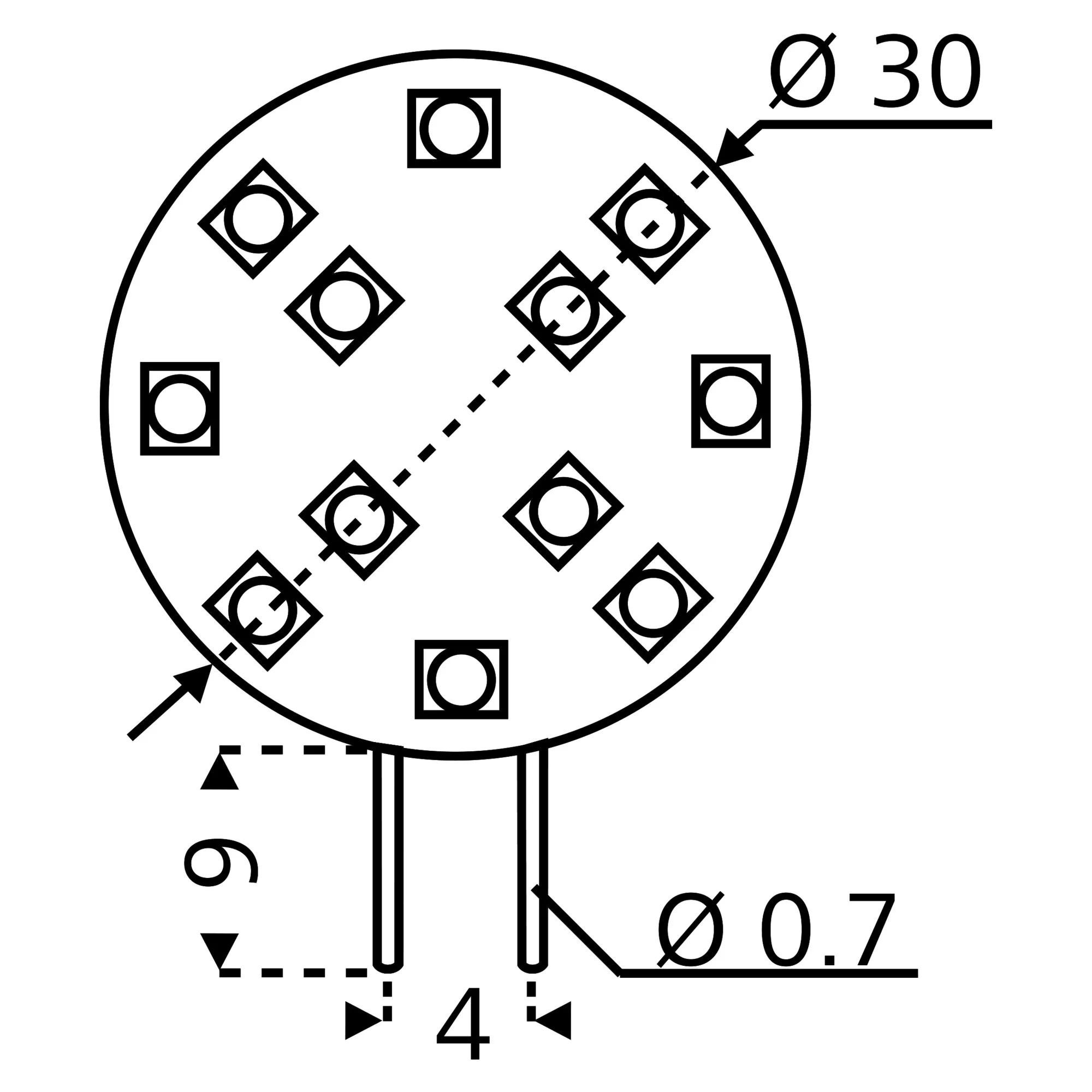 Technische Maßzeichnung eines runden LED-G4-Flachmoduls, Ø 30 mm, mit zwei Anschlussstiften Ø 0,7 mm und 4 mm Abstand