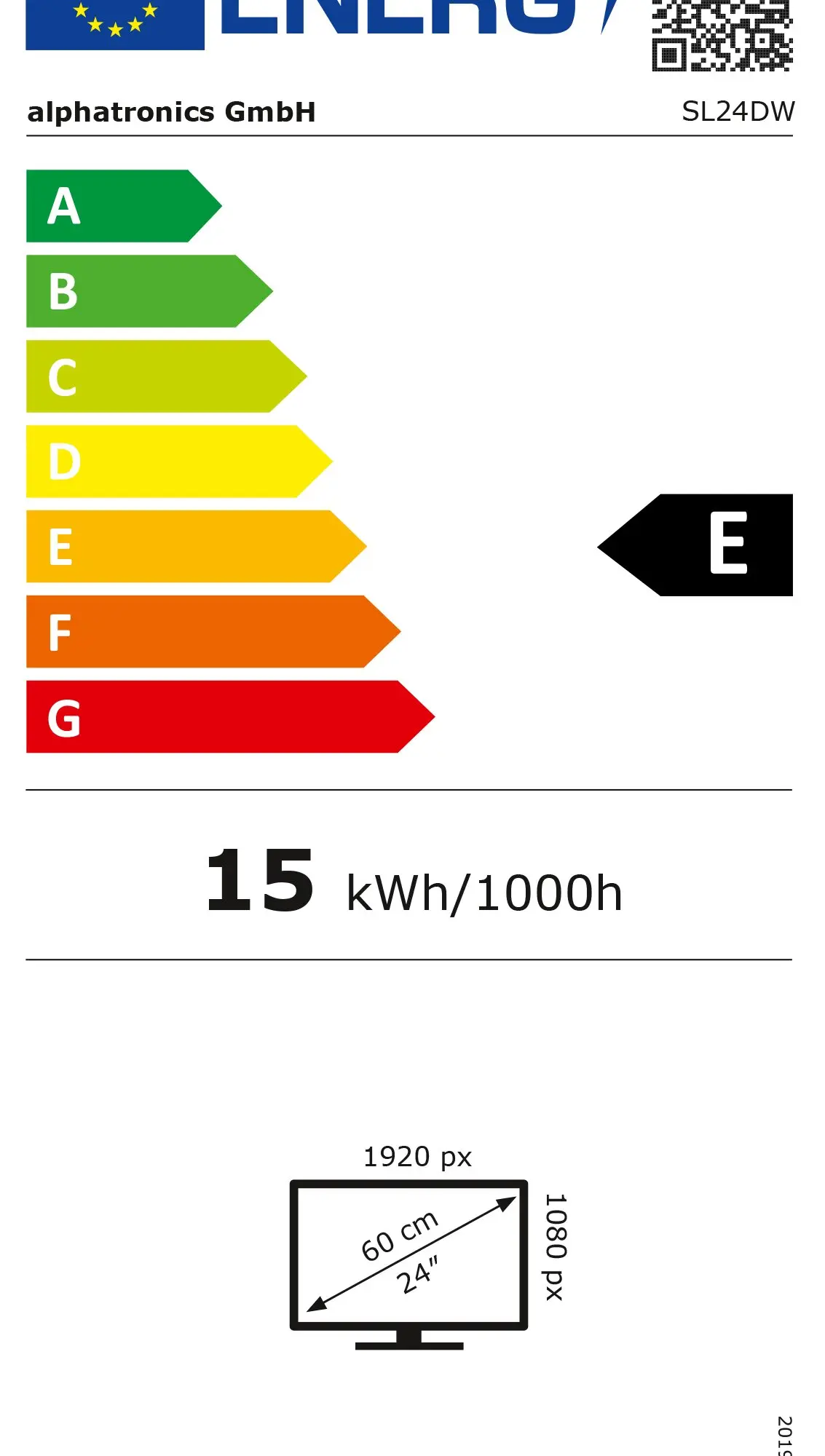 Energetische Kennzeichnung eines 24 Zoll Fernsehers der SL-Linie Balken A bis G links, E rechts, Verbrauch 15 kWh/1000h, Modell SL24DW