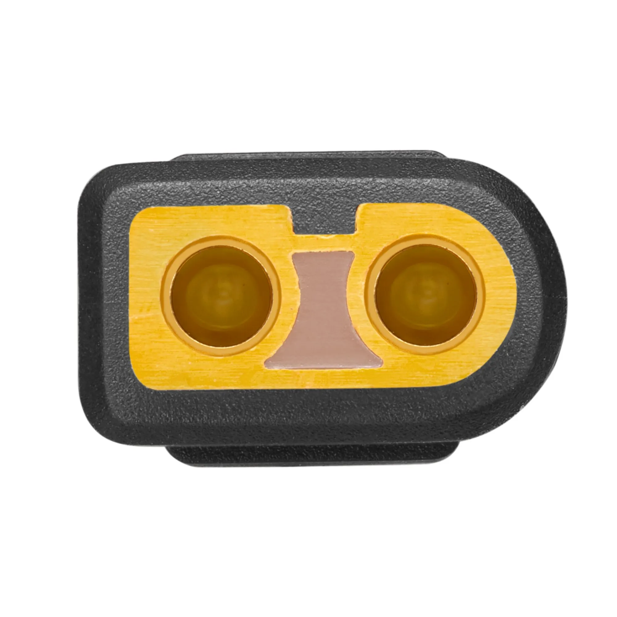 Detailansicht eines schwarzen XT60i-Steckverbinders mit zwei goldfarbenen Kontakten am MC4-auf-XT60i-Solarkabel