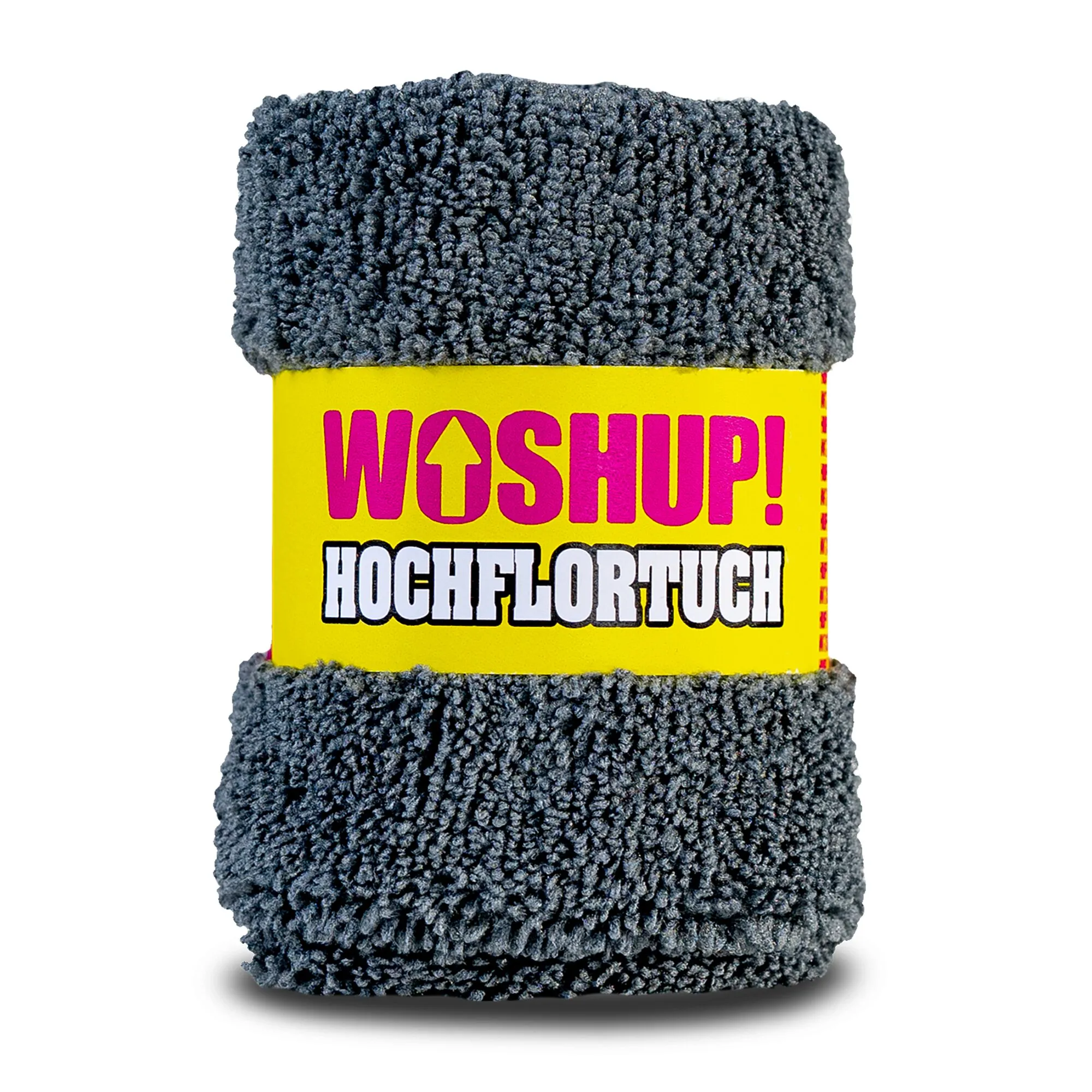Aufgerolltes dunkelgraues Hochflor-Reinigungstuch mit gelbem Band und der Aufschrift WASHUP! HOCHFLORTUCH