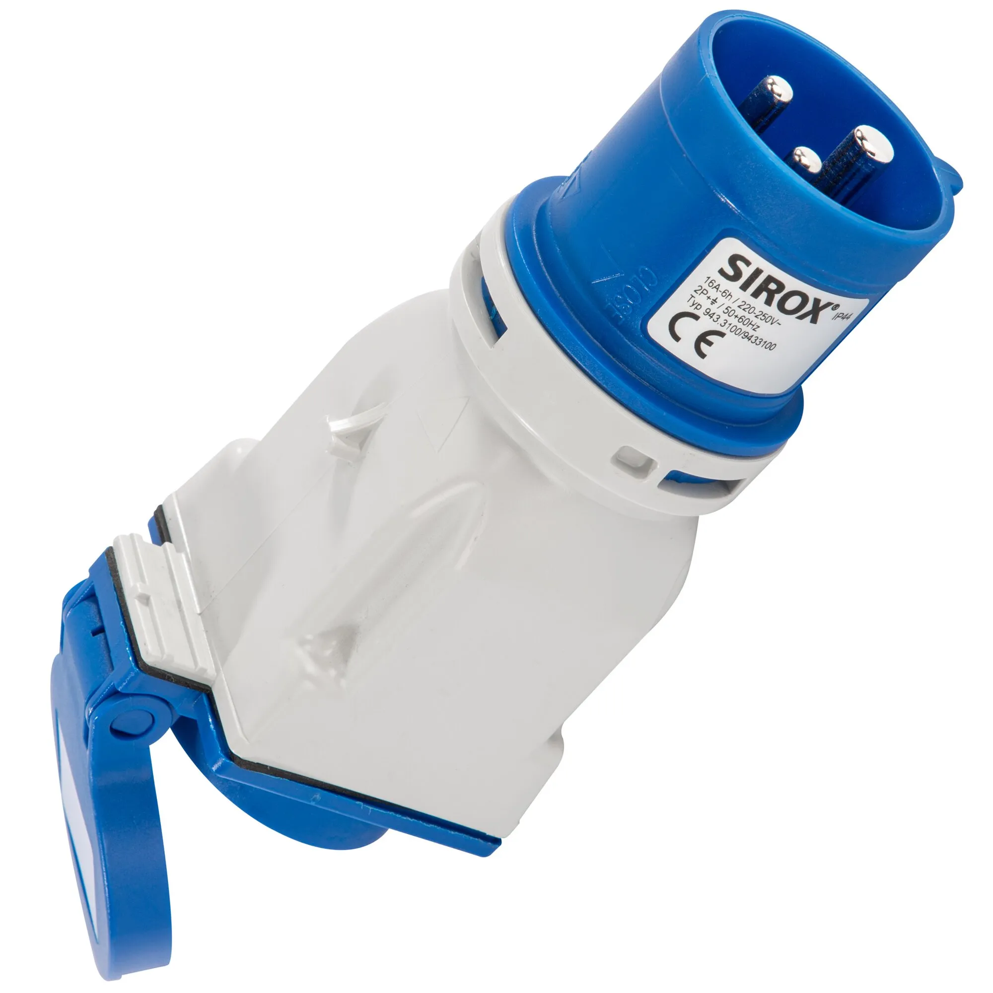 Blau-weißer CEE-Adapter für Caravan mit sichtbarer 16-A-Steckdose, Schutzkappe und beschriftetem Gehäuse