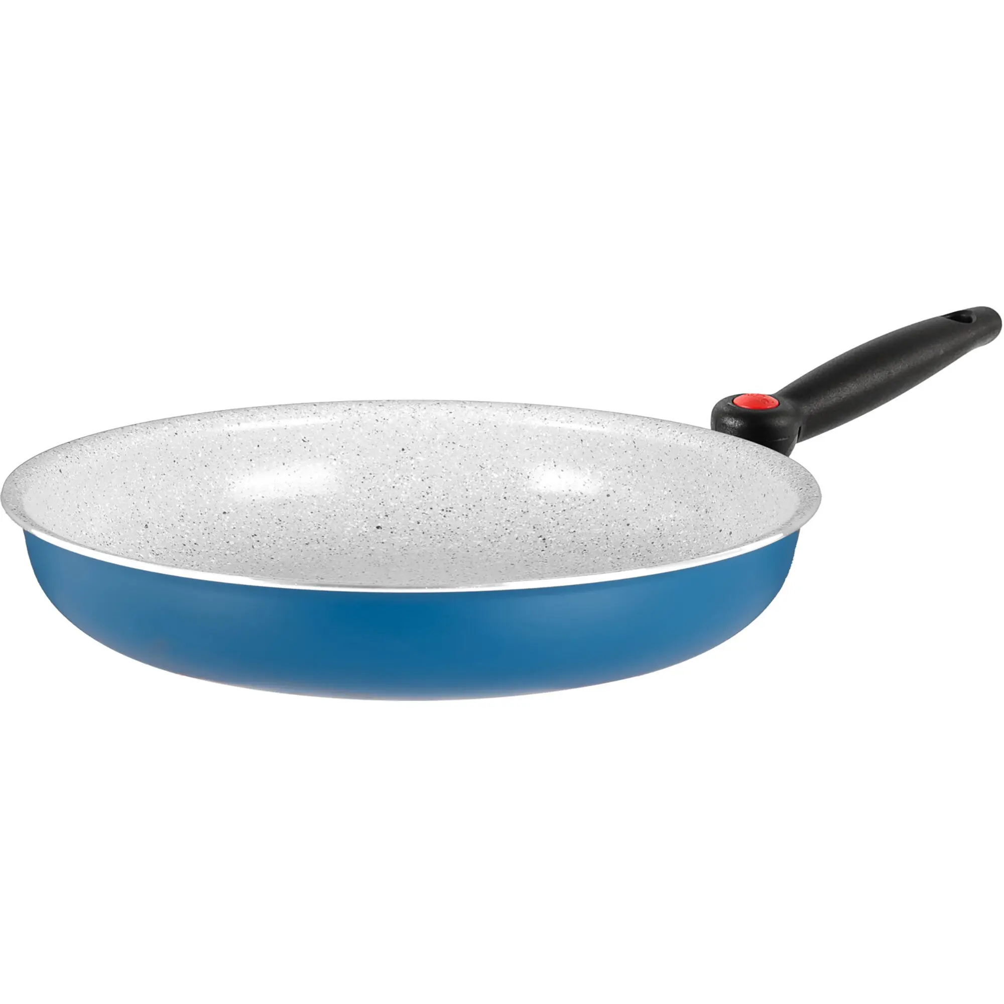 Pfanne Carezza Ø 24 cm, blaue Außenwand, gesprenkelte hellgraue Innenfläche mit Antihaftbeschichtung, schwarzer Griff mit rotem Knopf