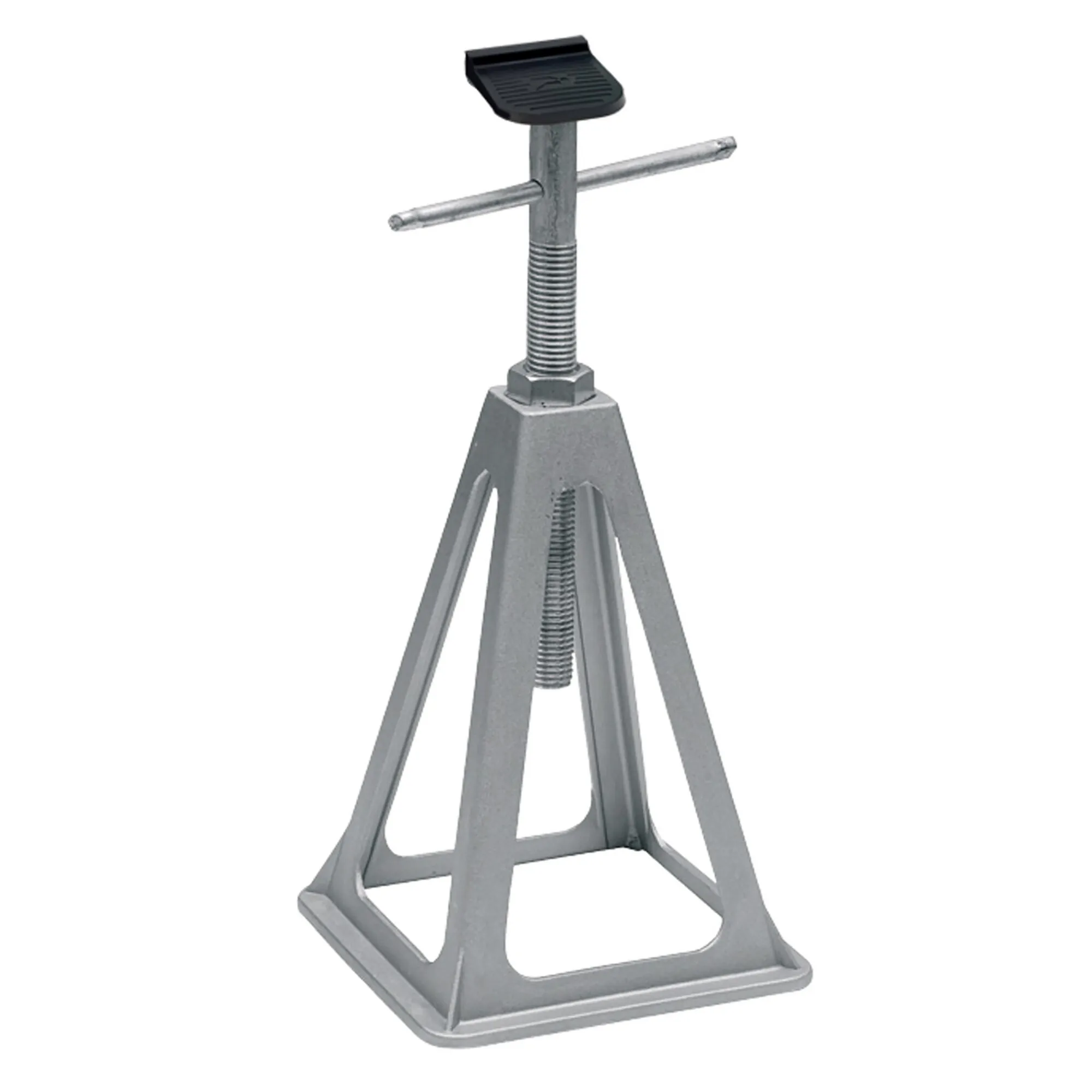 Stützbock Alu Jack 2.0 aus Aluminium mit dreibeinigem Standfuß, höhenverstellbarer Gewindespindel, Quergriff und schwarzer Auflagefläche
