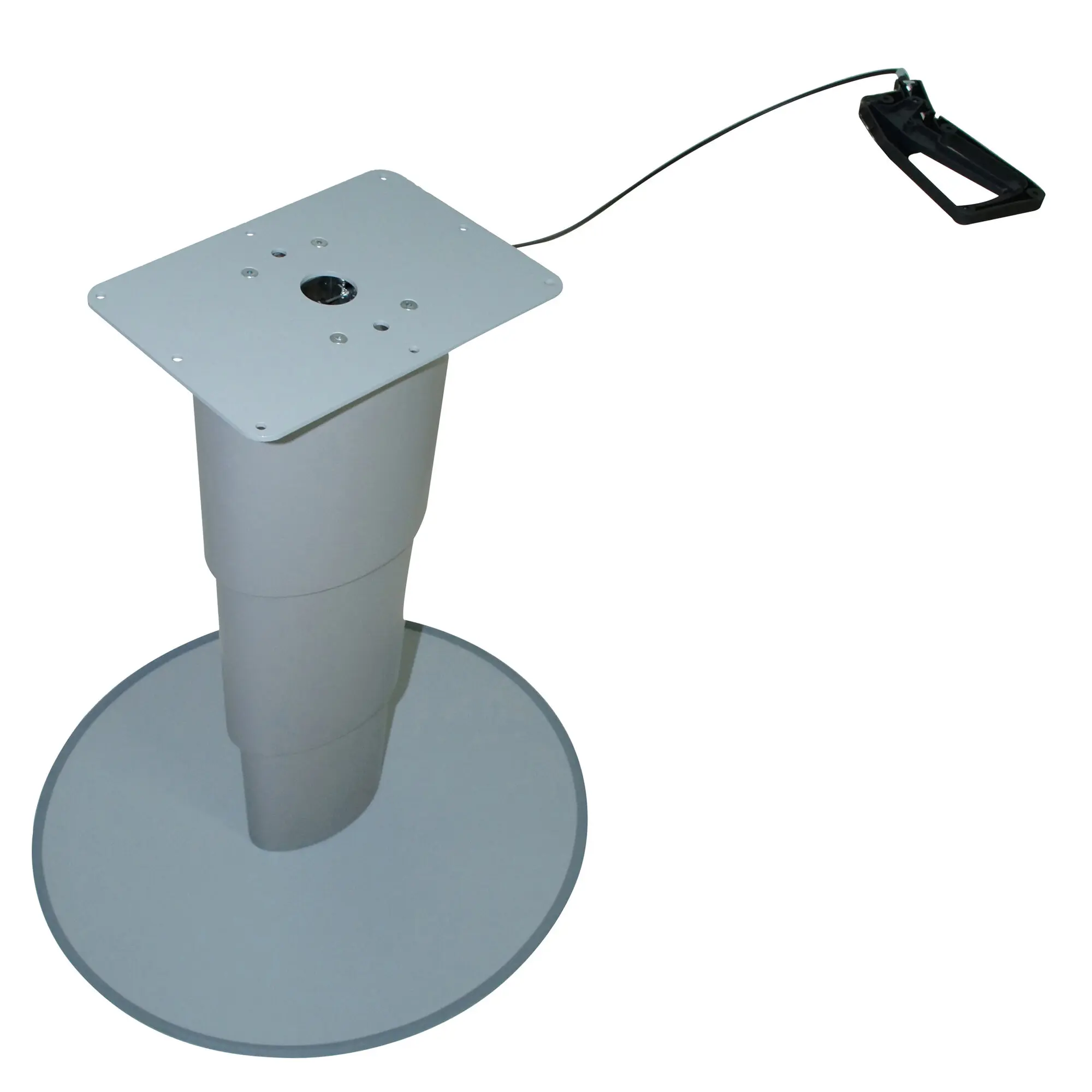 Graue quadratische Plattform mit Löchern, zentrales Loch, darüber Säule und runde Basis; rechts schwarze Fußpedalbetätigung mit Kabel