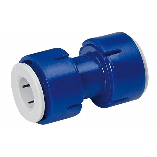 Blauer gerader UniQuick-Verbinder aus Kunststoff mit weißen Anschlussringen und zylindrischer Form in Seitenansicht