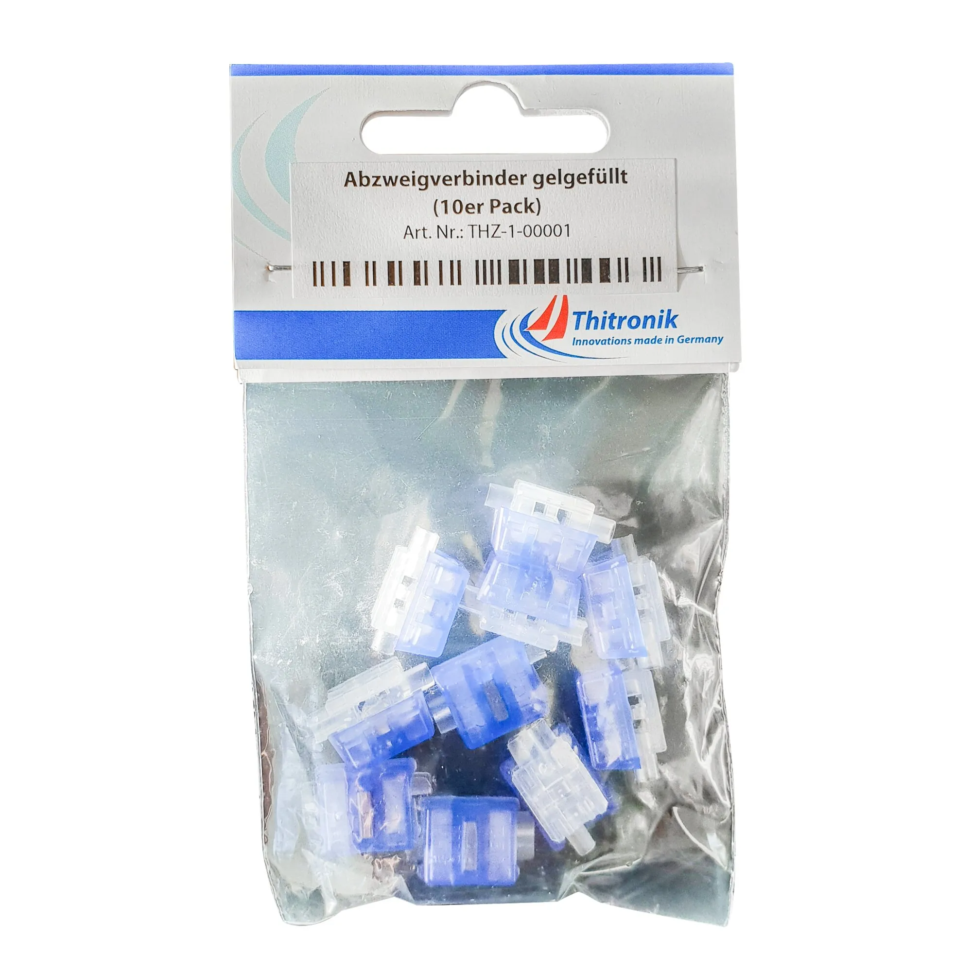 Verpackung mit zehn gelgefüllten Abzweigverbindern in Blau und Transparent von Thitronik, Art.-Nr. THZ-1-00001