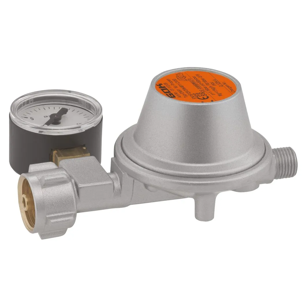 Niederdruckregler aus Aluminium mit schwarzem Manometer, orangefarbener Kennzeichnung und Anschlüssen KLF x G 1/4 LH-KN