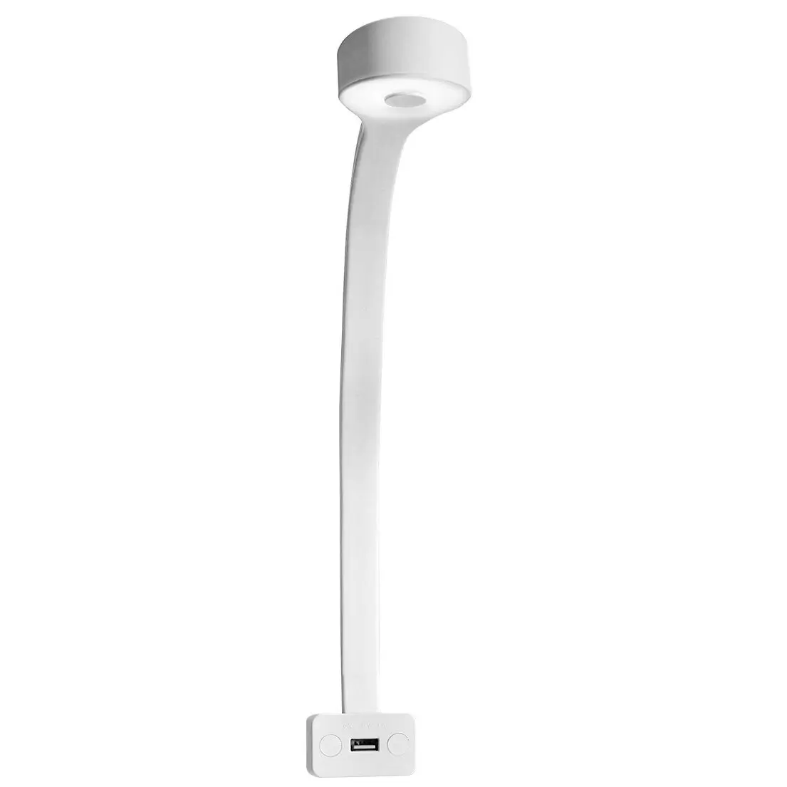 Weiße Schwanenhalsleuchte Typ F mit langem gebogenen Arm, rundem Leuchtenkopf oben und quadratischem Sockel mit USB-A-Port