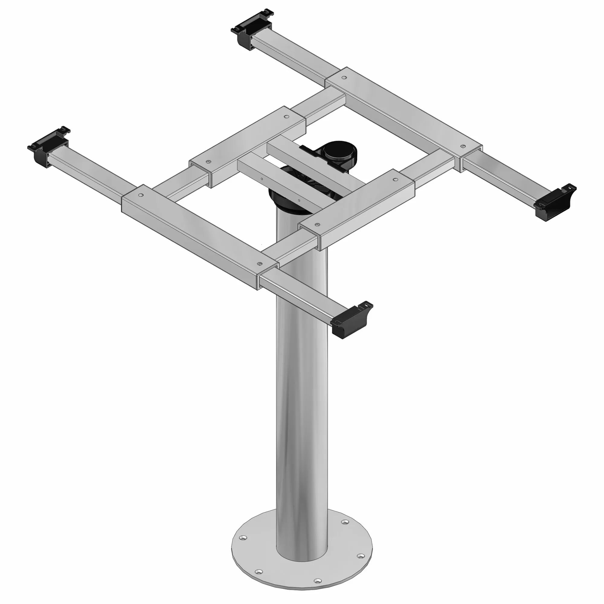 Silberne Tischsäule mit runder Fußplatte und festem X/Y-Verschieberahmen aus Metall sowie schwarzen Endhaltern