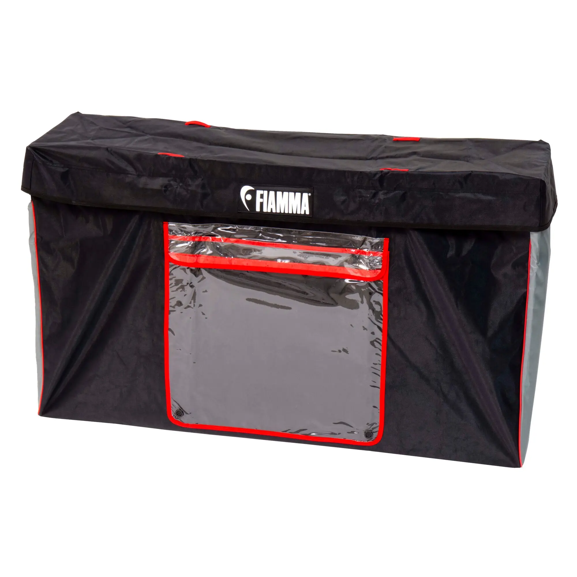 Schwarze Gepäckbox-Cover mit roten Griffen und rotem Saum, Vorderseite mit transparentem Fenster und FIAMMA-Logo sichtbar
