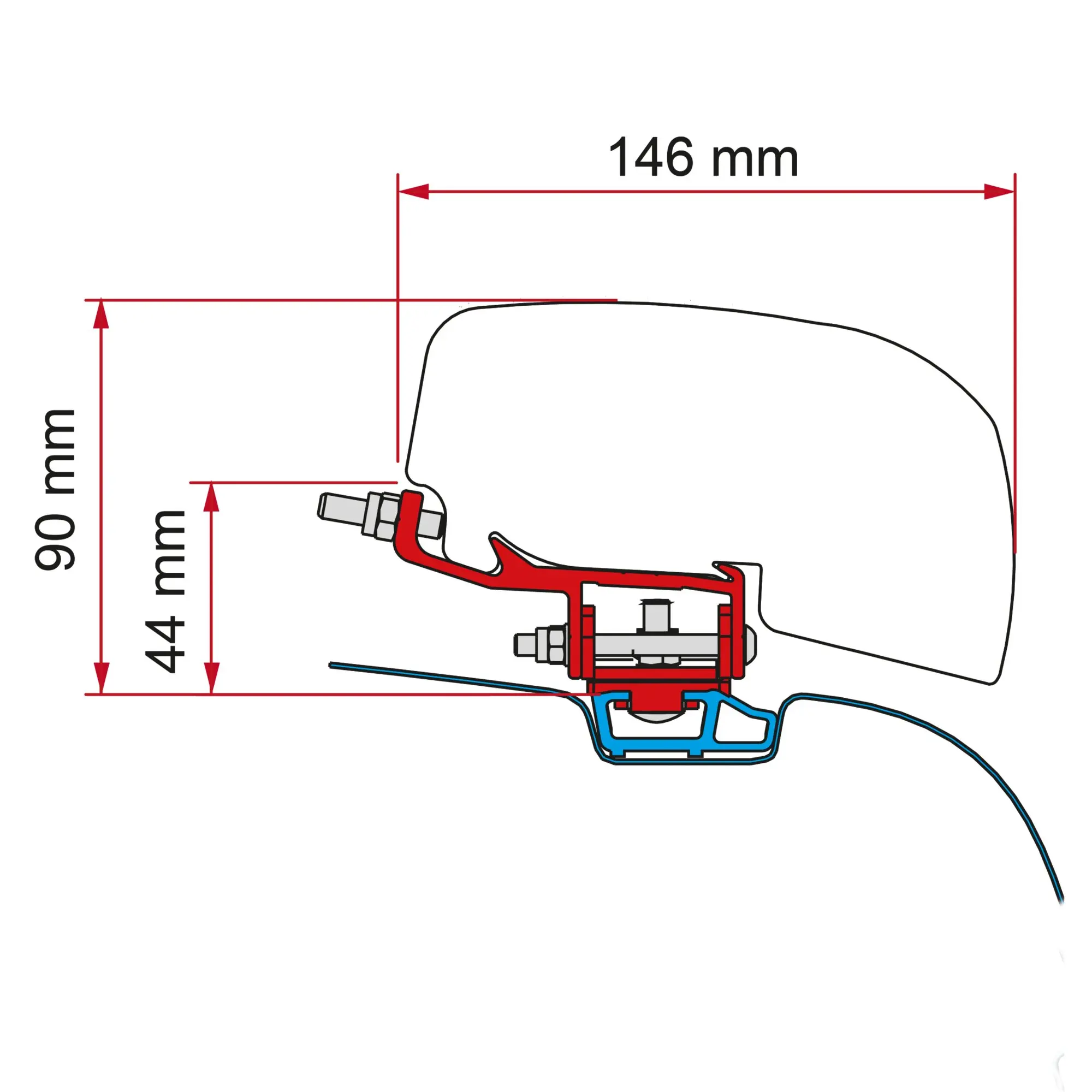 Technische Zeichnung eines Markisenadapter-Kits für VW T5/T6 Dachreling rotes Montagesystem, blaue Halterung, Maß 146 mm