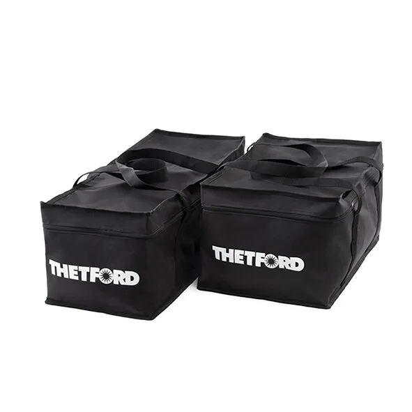 Schwarze Thetford Cassette Carry Bag mit zwei rechteckigen Taschen, Tragegriffen und Reißverschlüssen, 67 cm