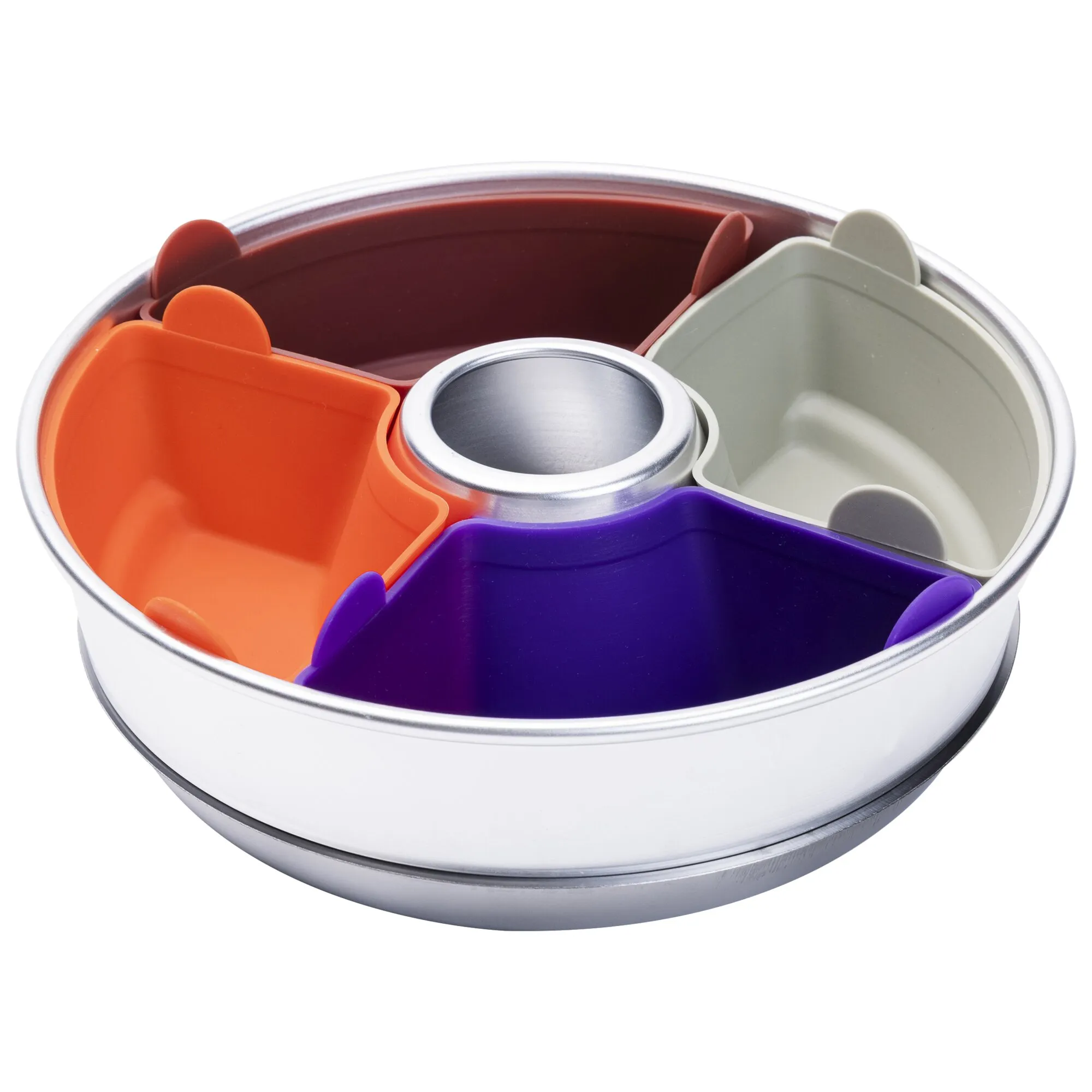Runde Metallform mit sechs farbigen Silikonformen in Orange, Rot, Grün und Violett sowie zentralem Einsatz
