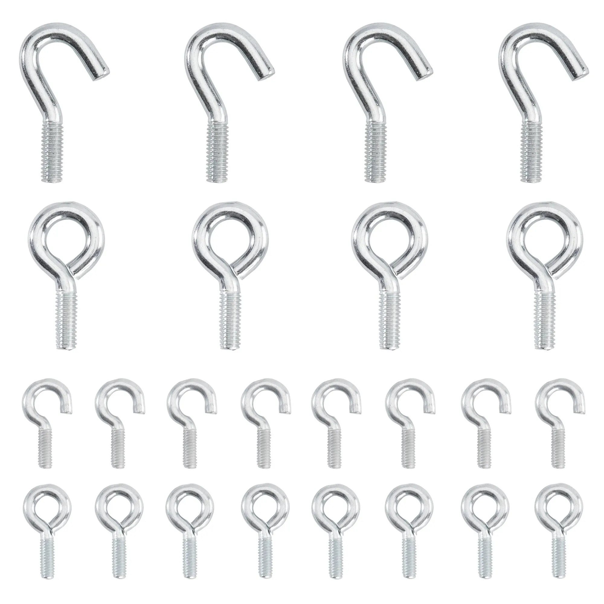 Magnet-Set Classic mit silberfarbenen Gewindeösen und Schraubhaken in verschiedenen Größen auf weißem Hintergrund