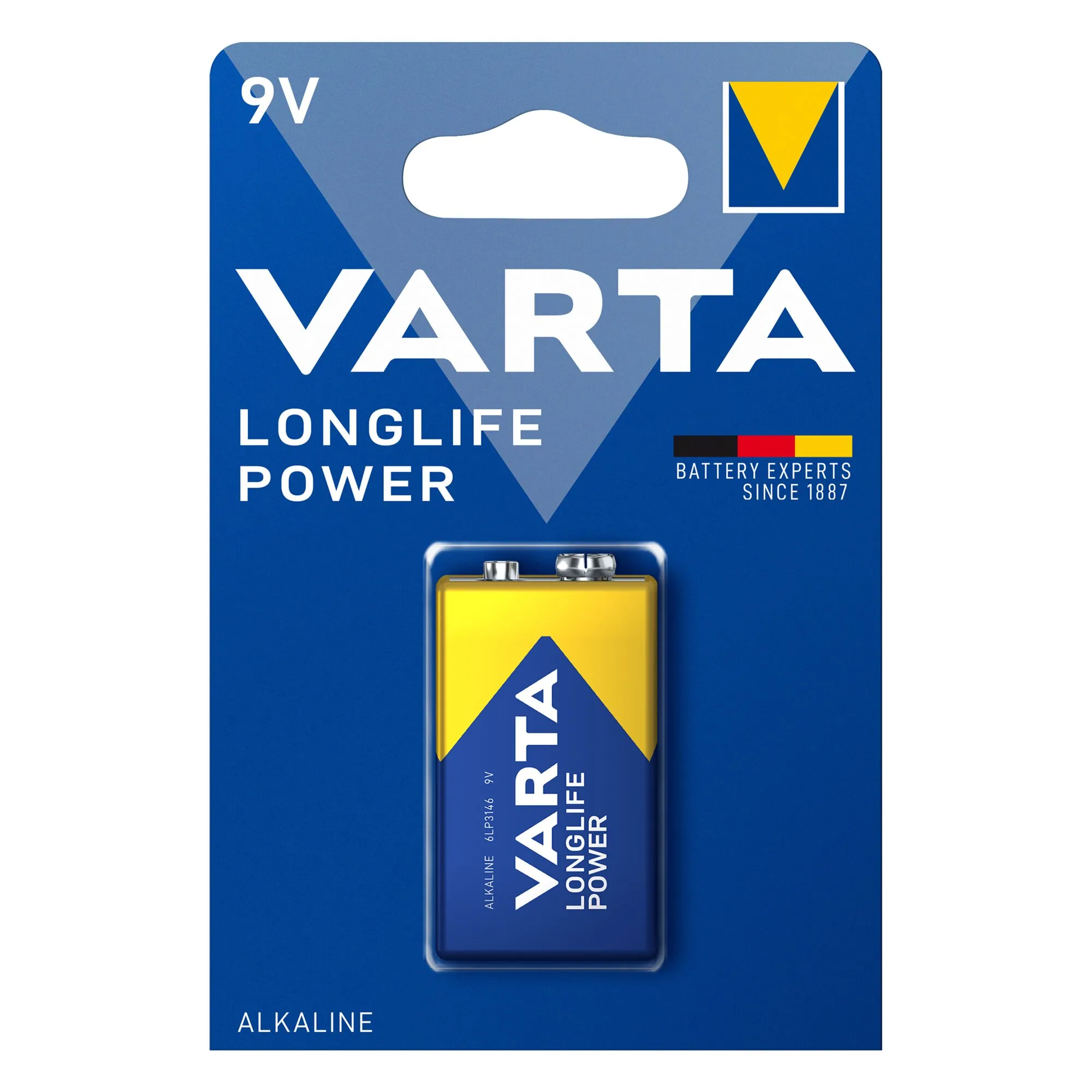 VARTA Longlife Power 9V BL1 Alkaline-Batterie in blau-gelber Verpackung mit sichtbaren Anschlüssen