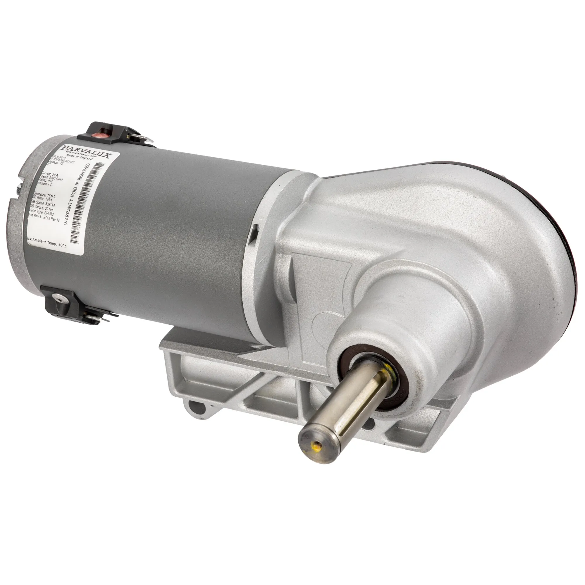 Motor-Getriebeeinheit B mit grauem Elektromotor, silbernem Getriebegehäuse und sichtbarer Antriebswelle vor weißem Hintergrund
