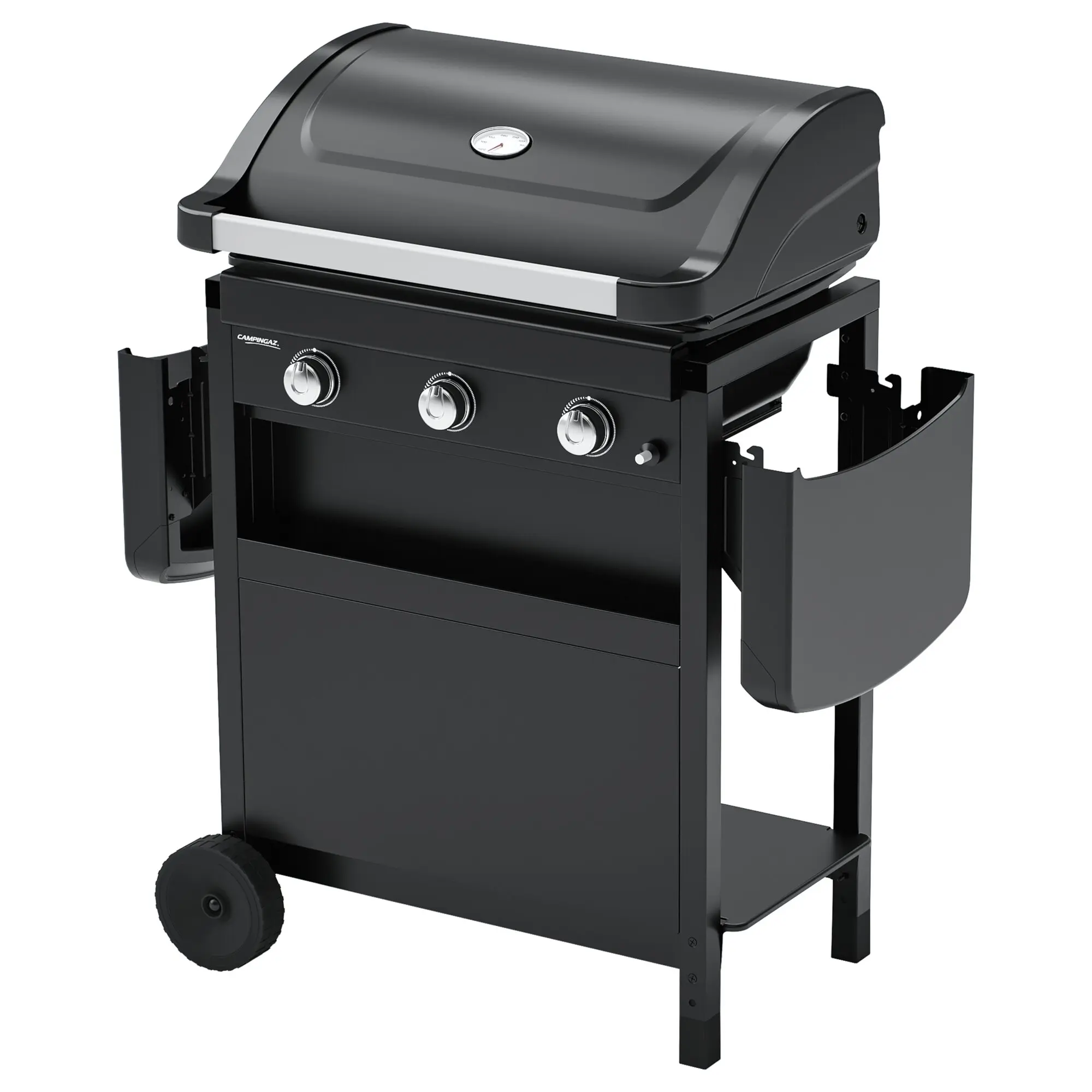 Gasgrill Compact 3 L in schwarzer Metalloptik, Deckel mit Thermometer, drei Kontrollknöpfe und Standrahmen mit Rädern