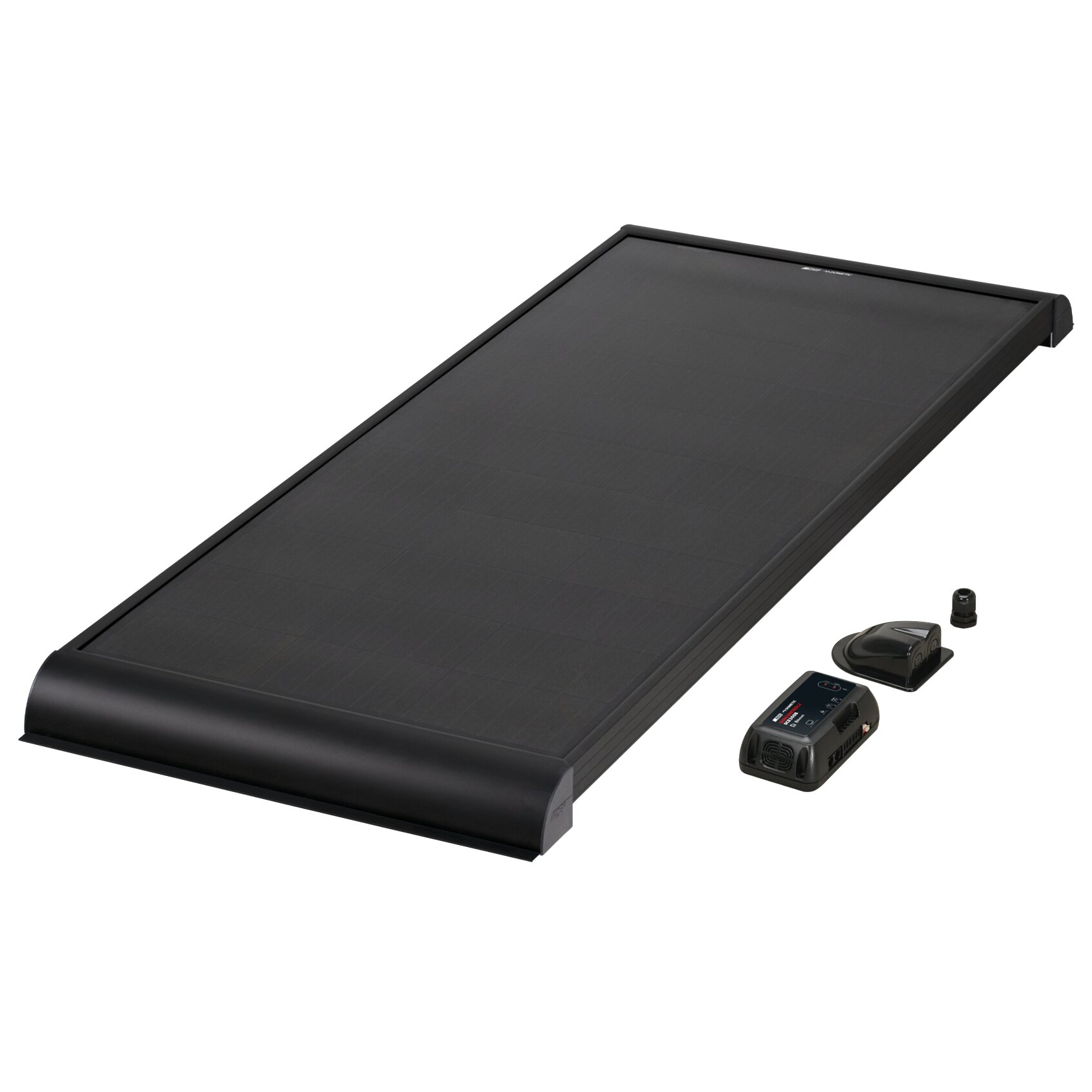 Schwarzes Solarpanel-Set BS115K (115 Wp) mit sichtbarem Laderegler SCE360B und zugehörigem Zubehör