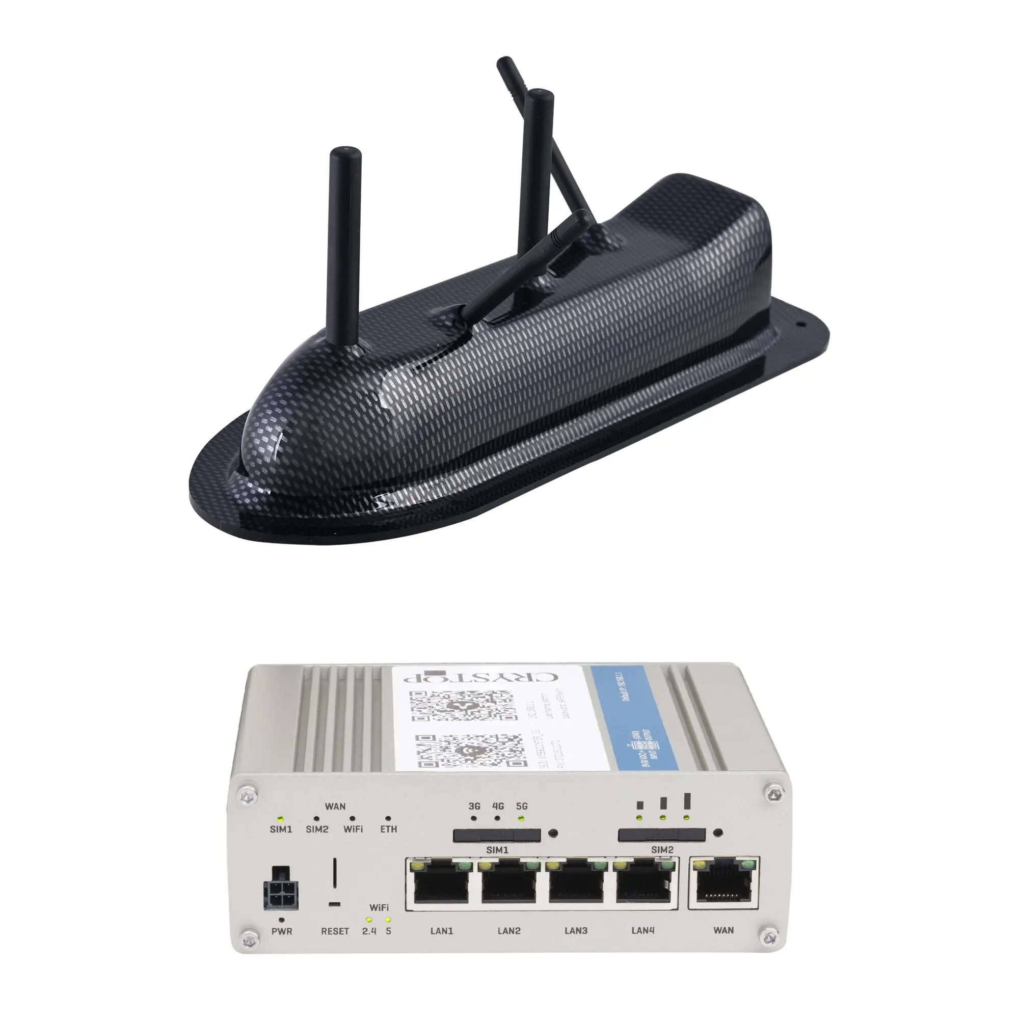 Schwarzer Router mit Kohlefaser-Optik und drei Antennen, daneben sichtbare Anschlüsse WAN, LAN1–LAN4 und SIM1/SIM2