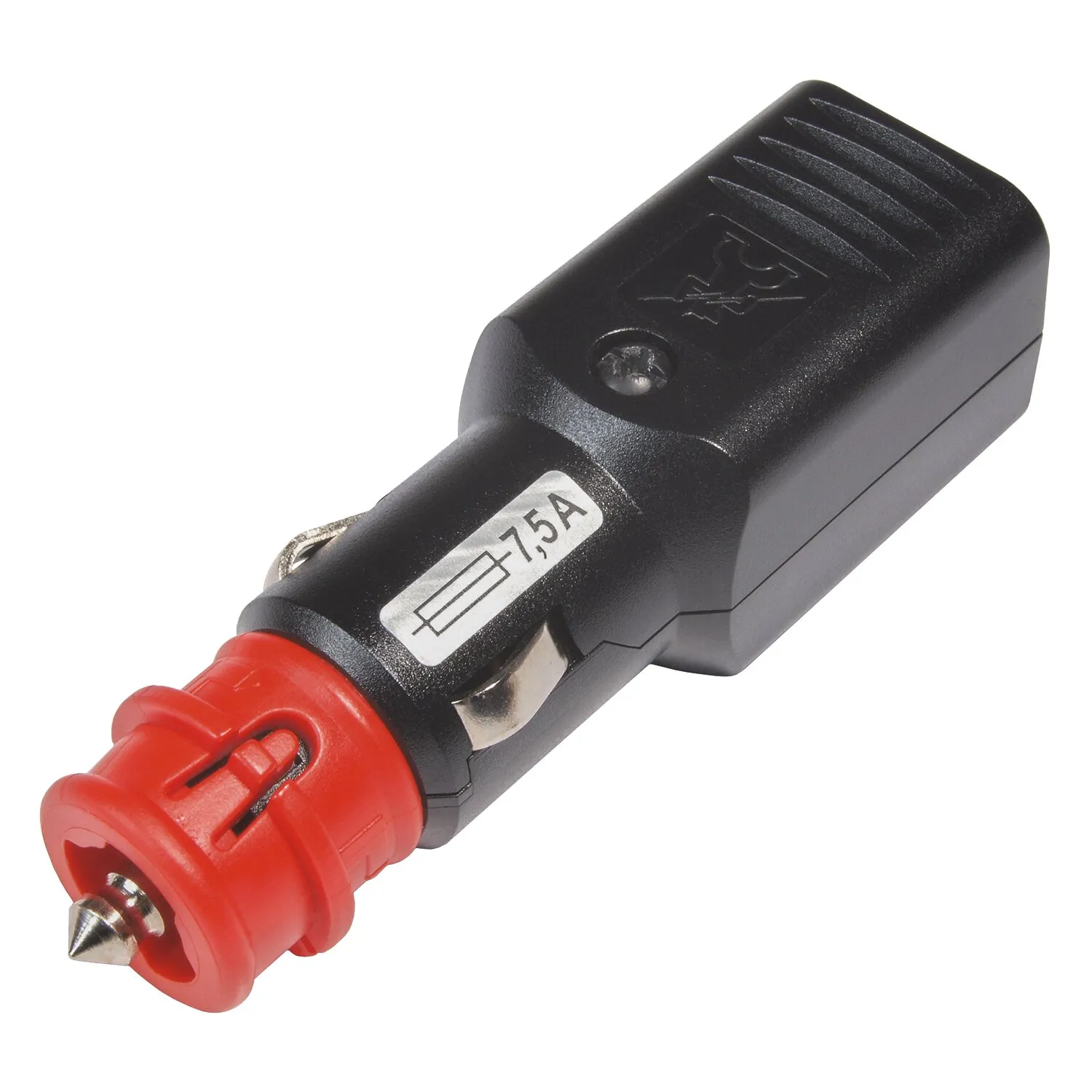 Schwarzer Universalstecker mit roter Spitze, Metallkontakt, Lüftungsrillen und sichtbarer Kennzeichnung 7,5 A
