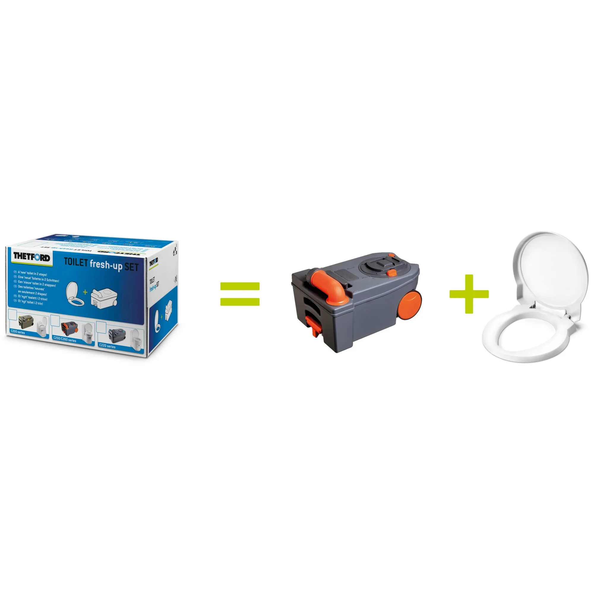 Thetford Fresh-Up-Set für Campingtoiletten der C250/C260-Serie mit Verpackung, Fäkalientank und weißem Toilettensitz plus Zeichen