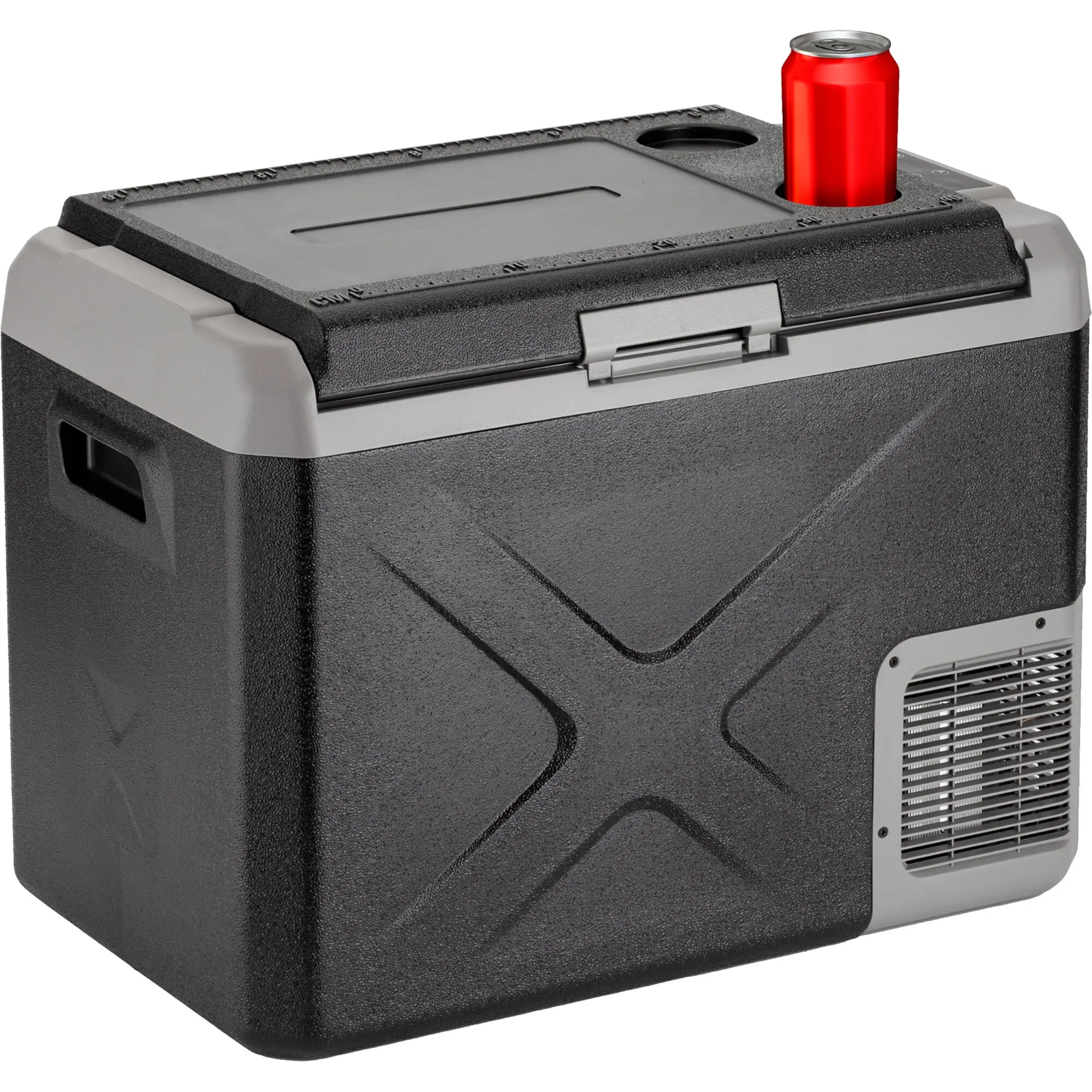 Kühlbox mit dunklem Gehäuse und hellgrauem Deckel; auf dem Deckel befindet sich ein runder Getränkehalter mit einer roten Getränkedose und einem Lüftungsgitter