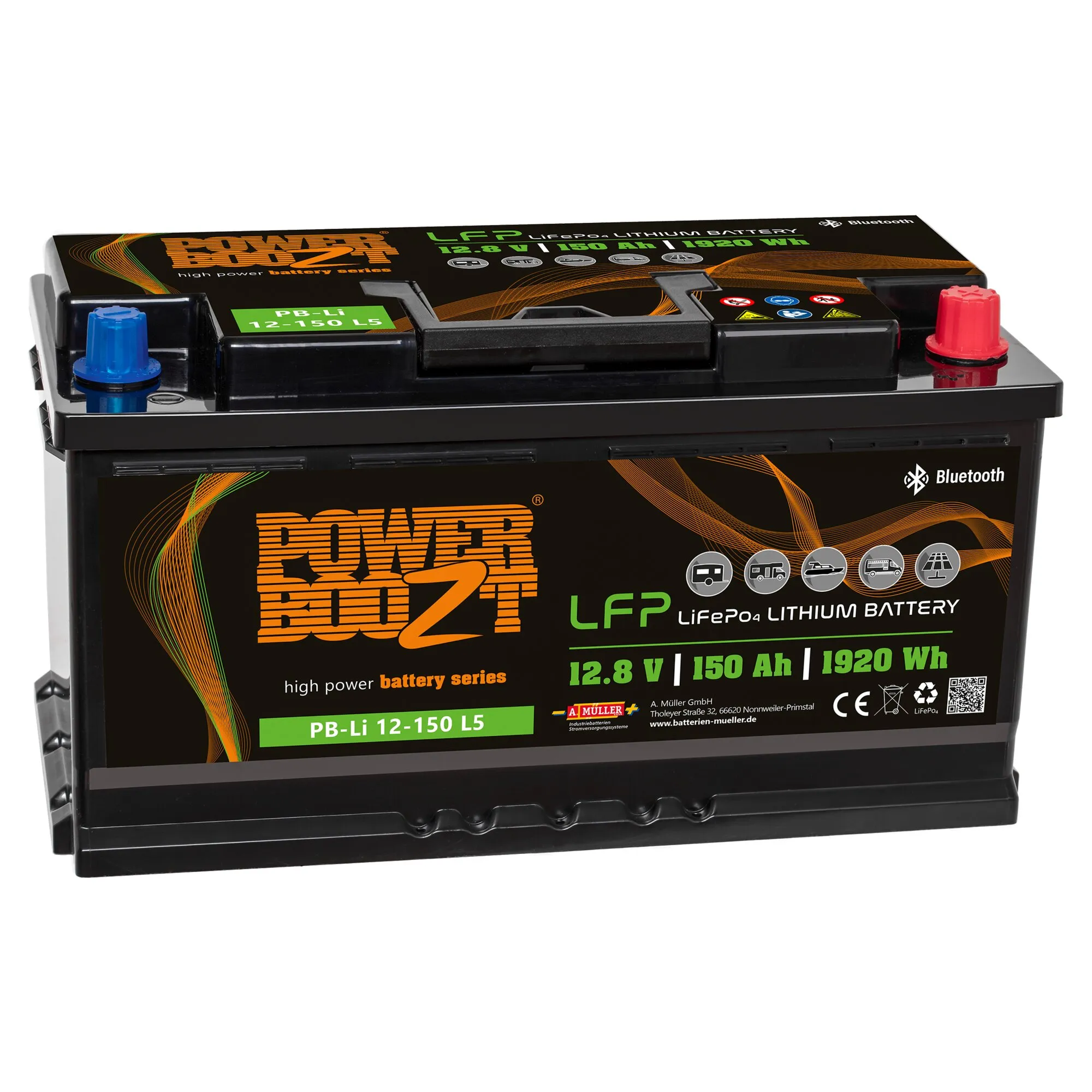 Schwarze LiFePO4-Lithiumbatterie von PowerBoozt mit Tragegriff, Bluetooth, 12,8 V, 150 Ah und 1920 Wh