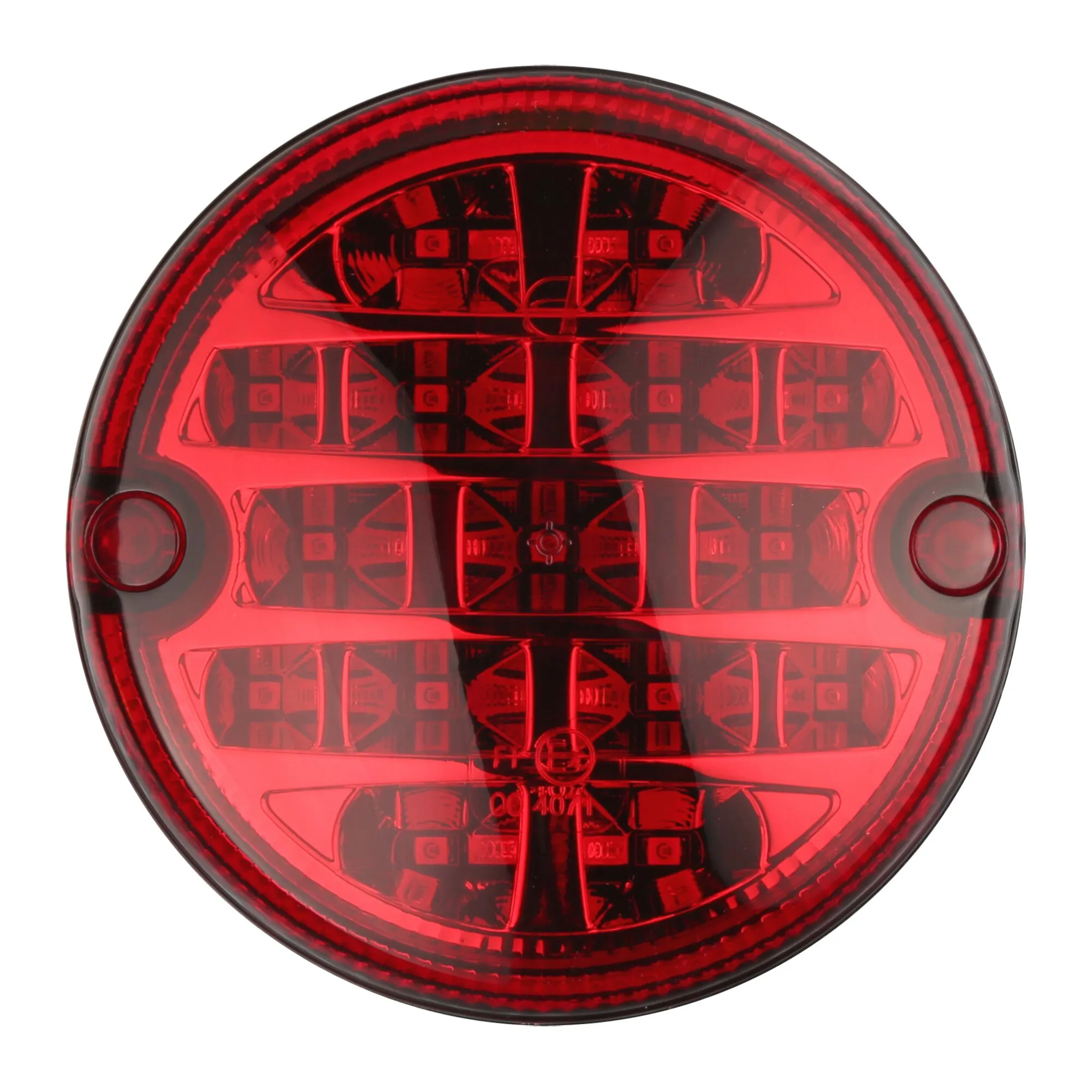 Runde rote LED-Nebelschlussleuchte mit transparenter Abdeckung und mehreren horizontal angeordneten LED-Leuchtfeldern