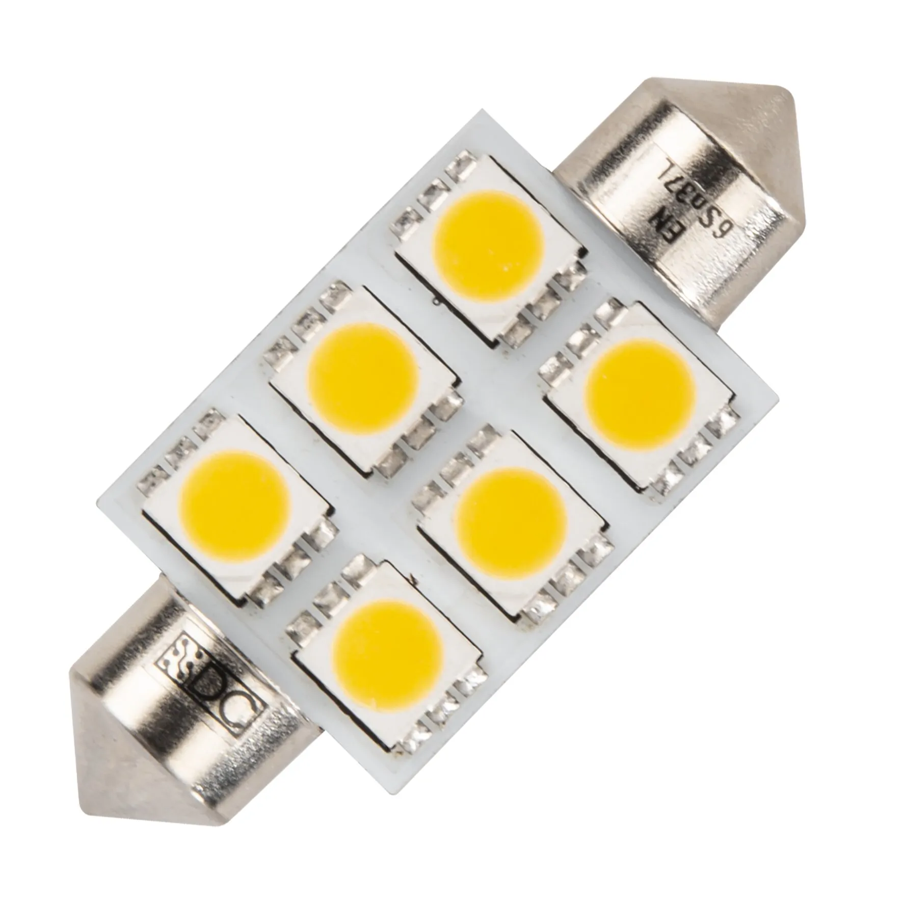 LED-Soffittenleuchtmittel mit sechs gelben LED-Chips auf weißer Platine und silbernen Metallkontakten, 1 W