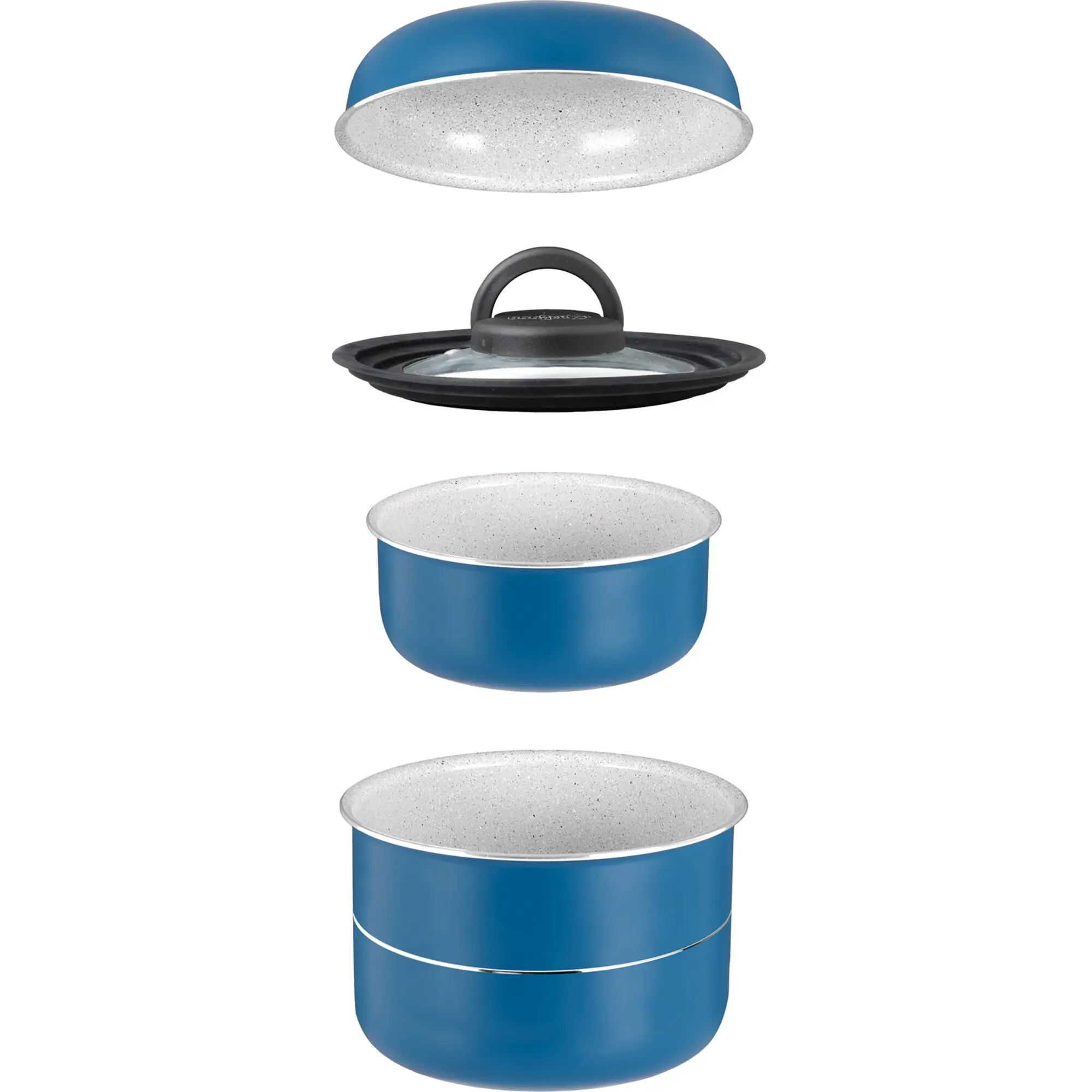 Blauer Kochtopf mit weiß gesprenkelter Emaille-Innenbeschichtung, Glasdeckel mit schwarzem Griff und ein weiterer Deckelring sichtbar